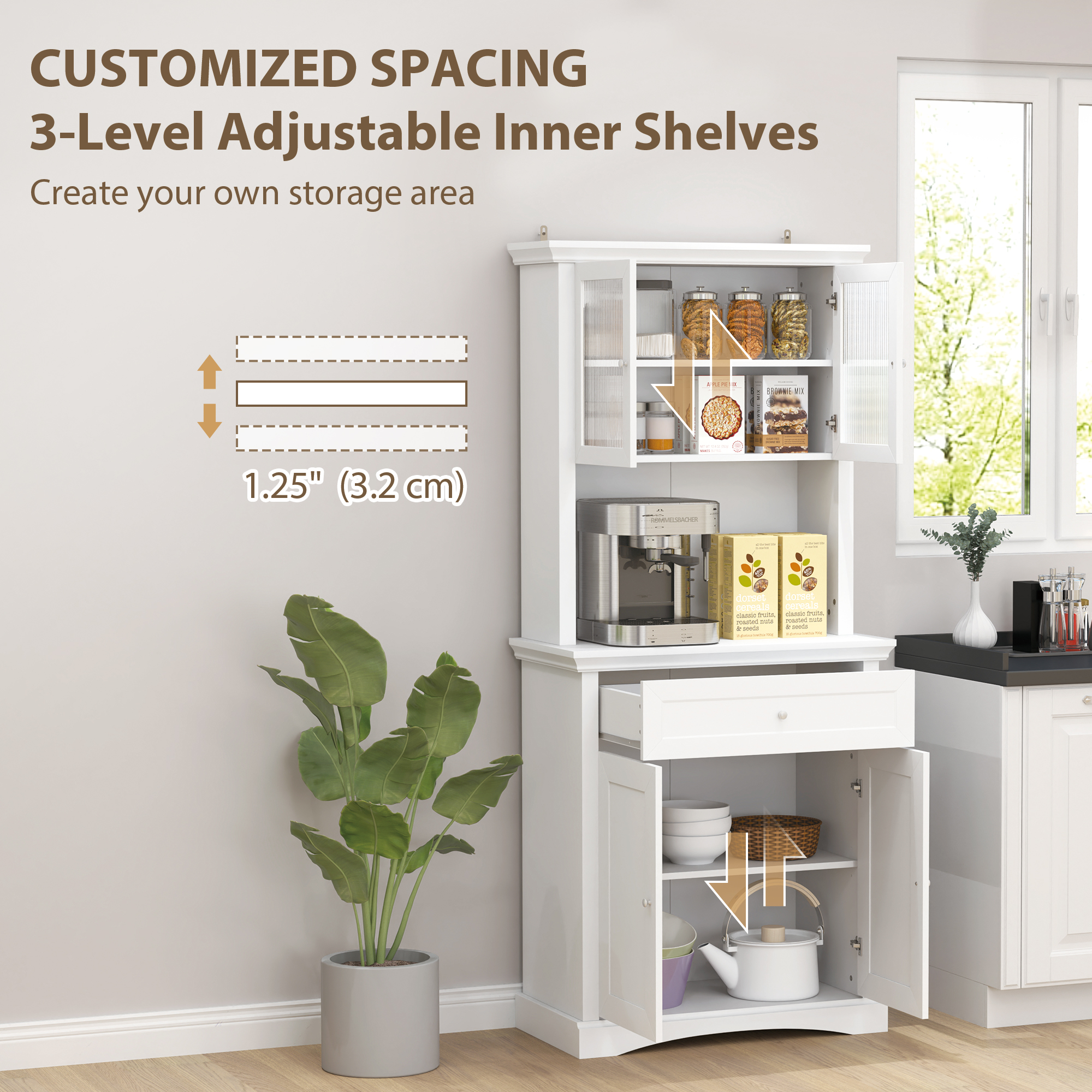 HOMCOM 4-Door Kitchen Cupboard with Drawer, Freestanding Kitchen Cabinet with Glass Doors, Adjustable Shelves and Open Counter, White 5