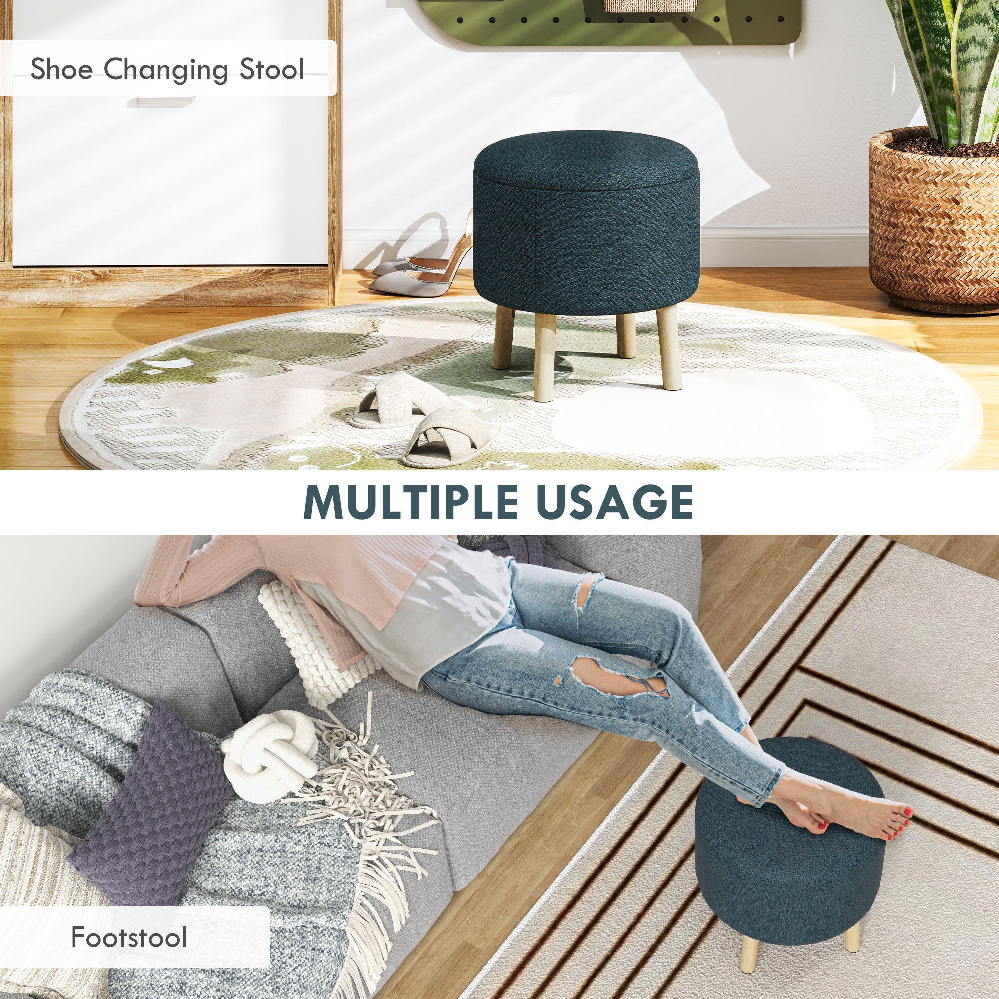 HOMCOM Round Linen-Look Storage Ottoman Blue 6