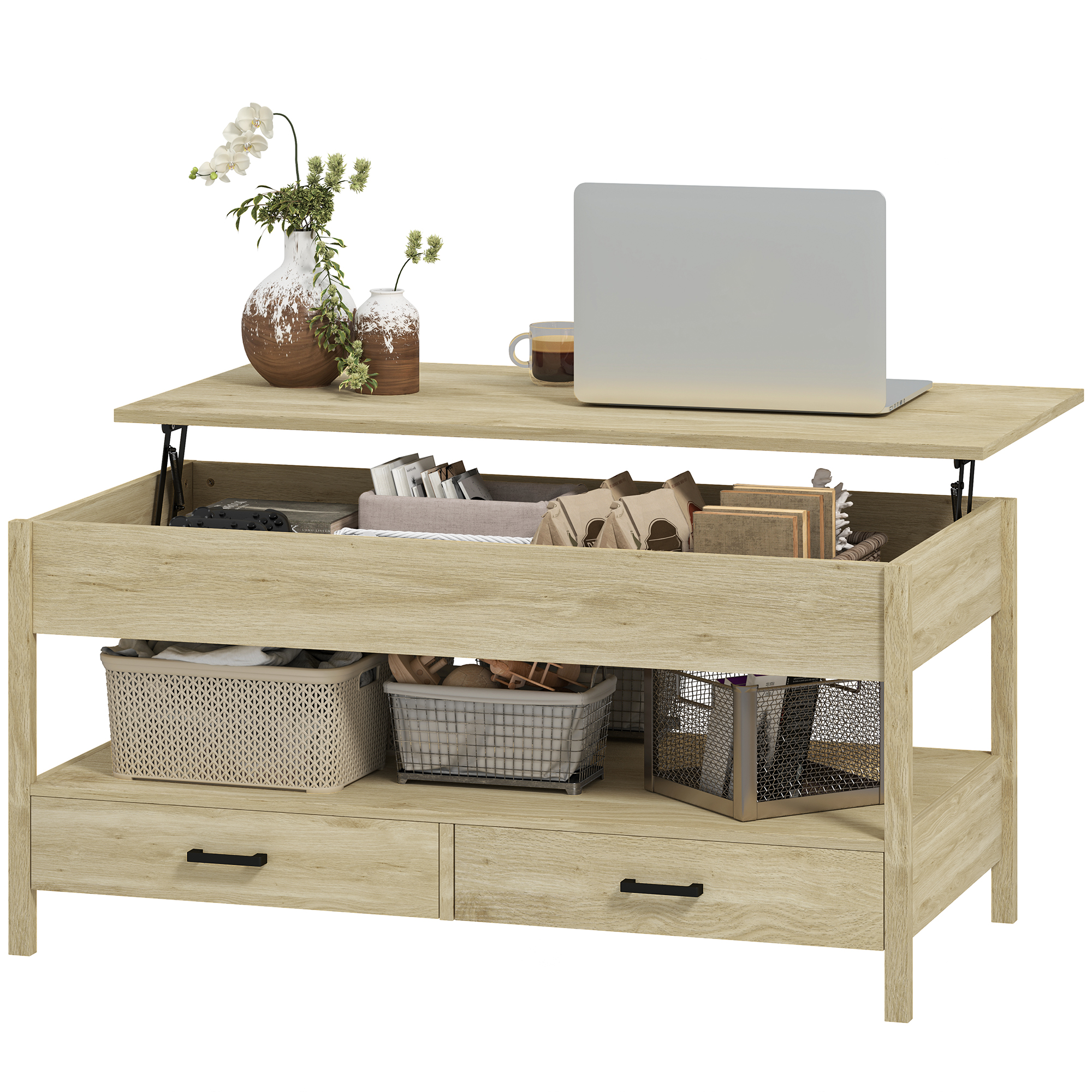 HOMCOM Table basse relevable, table basse avec tiroirs et compartiment caché pour salon, bureau à domicile, chêne