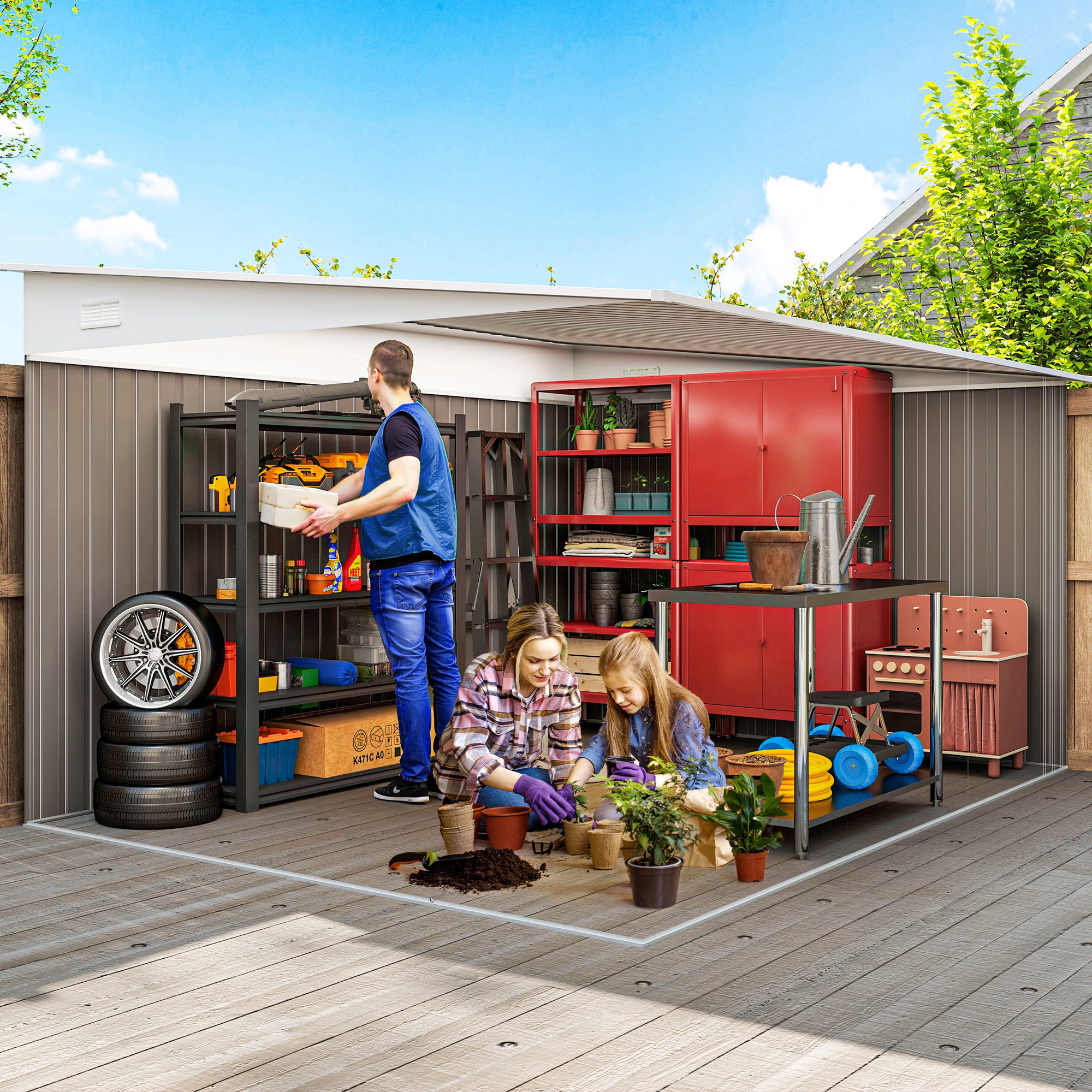 Outsunny 11.3 x 9.2ft Lean to Metal Garden Shed, Outdoor Galvanised Tool Storage House with Double Sliding Doors and 2 Air Vents, Grey 4