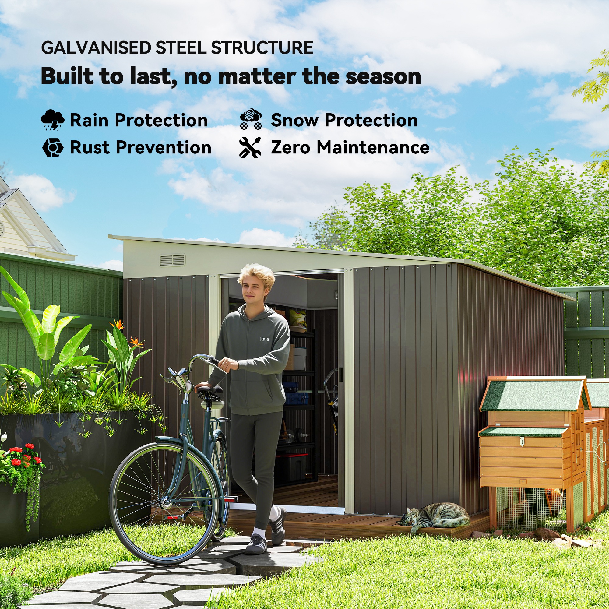 Outsunny 11.3 x 9.2ft Lean to Metal Garden Shed, Outdoor Galvanised Tool Storage House with Double Sliding Doors and 2 Air Vents, Grey 5