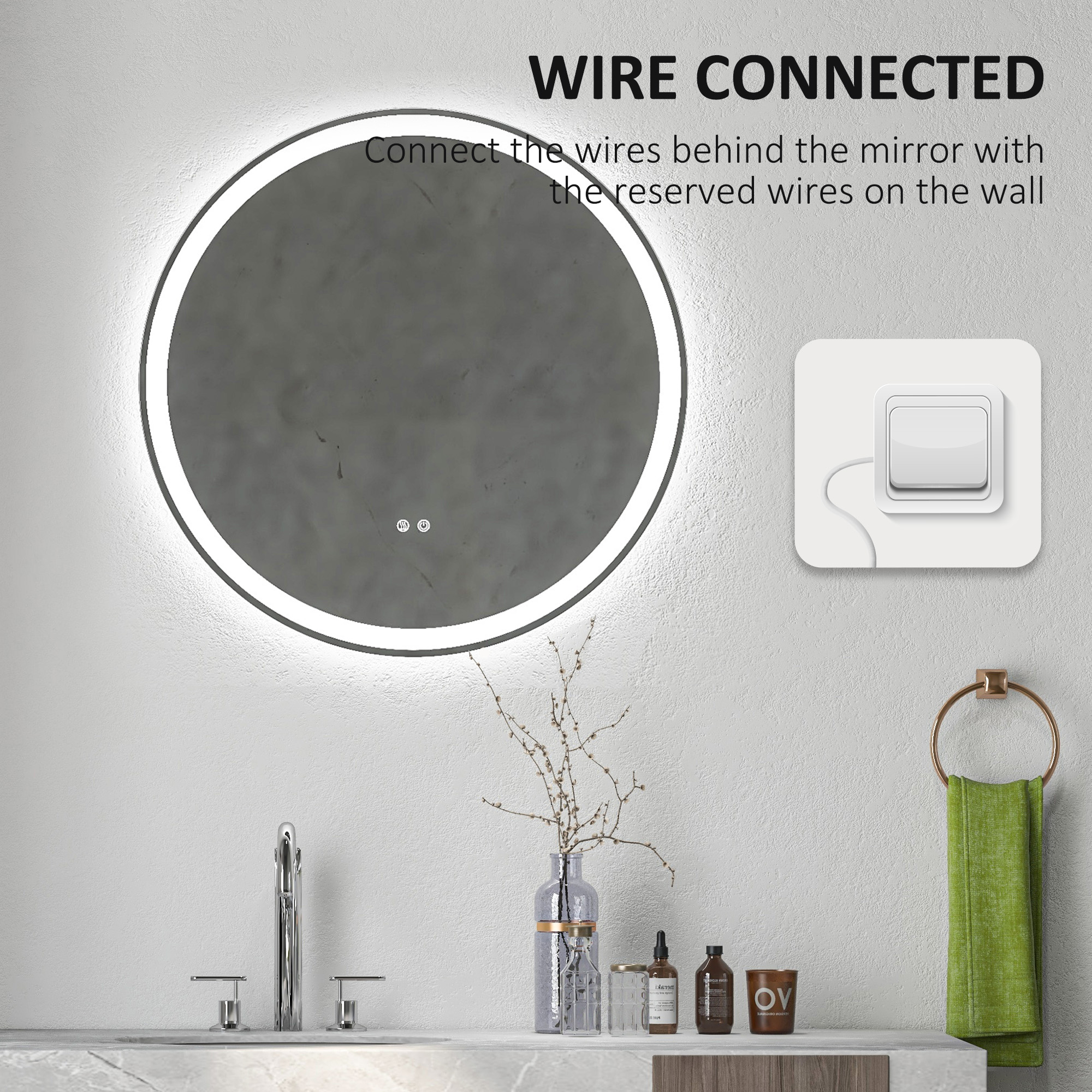 kleankin Round Bathroom Mirror with LED Lights, Wall Mount Dimmable Makeup Mirror with 3 Temperature Colours, Defogging Film and Memory Function, Frameless, Hardwired, 60 x 60 cm 8