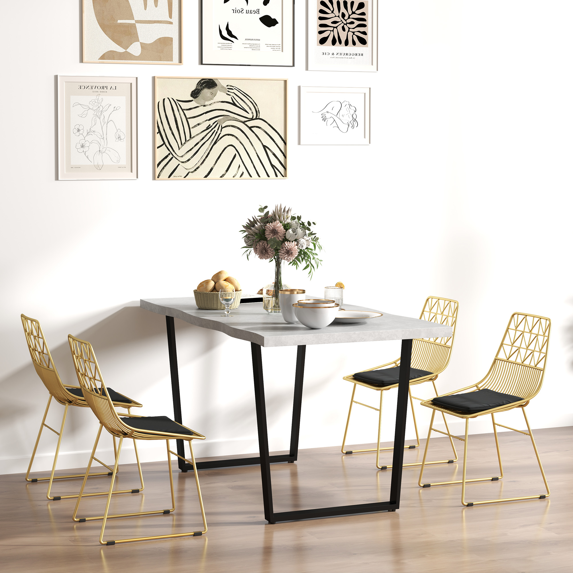 HOMCOM Luxurious Dining Chairs Set of 4, Metal Wire Kitchen Chair with Removable Velvet-feel Cushion, Cut-out Back and Steel Frame for Dining Room, Gold Tone 8