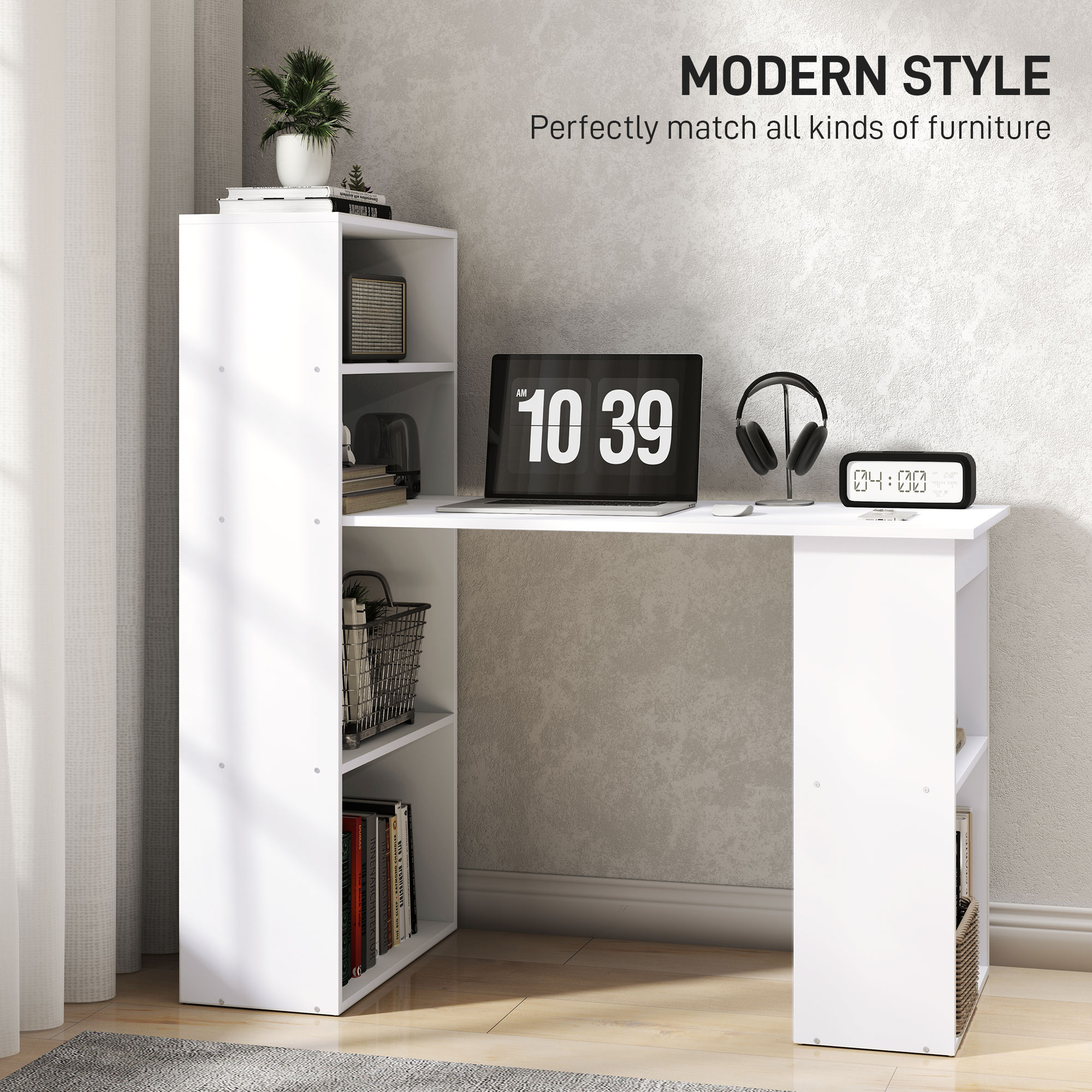 HOMCOM 120cm Computer Desk, Wooden PC Laptop Table with 6-Tier Storage Bookshelves, Home Office Working Study Desk, Writing Workstation, White 4