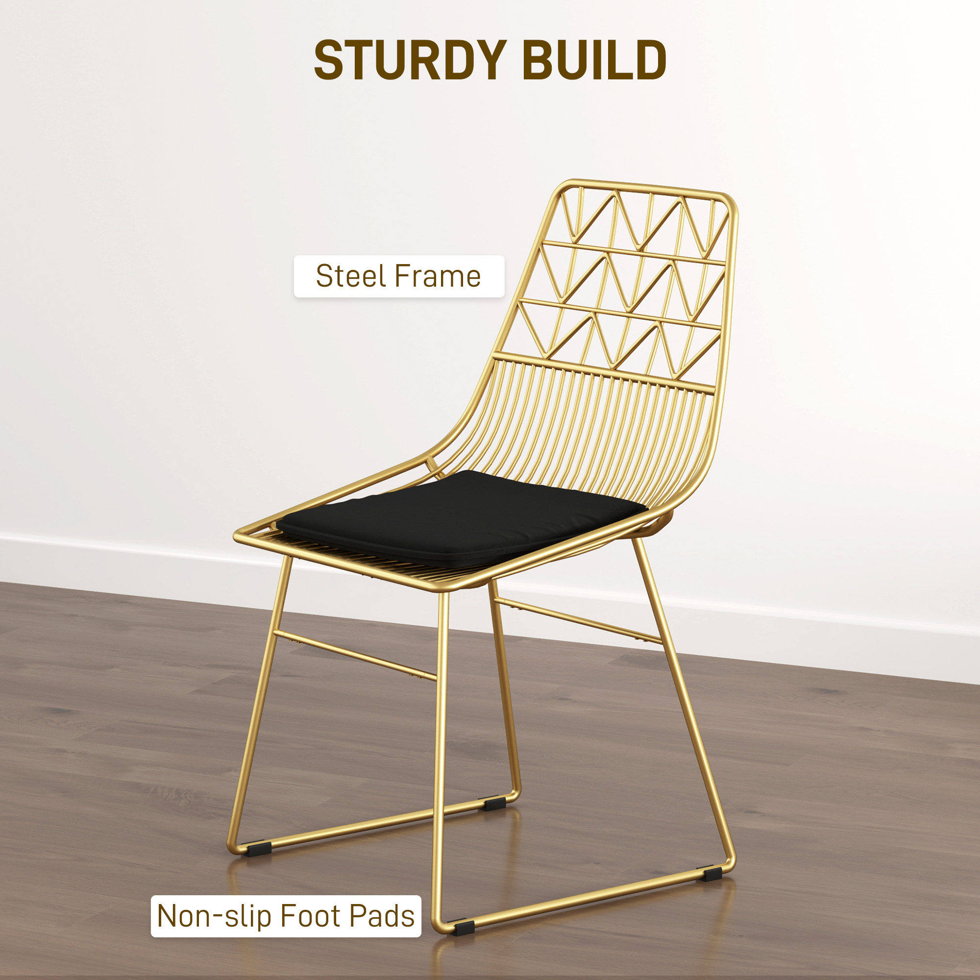 HOMCOM Luxurious Dining Chairs Set of 4, Metal Wire Kitchen Chair with Removable Velvet-feel Cushion, Cut-out Back and Steel Frame for Dining Room, Gold Tone 6