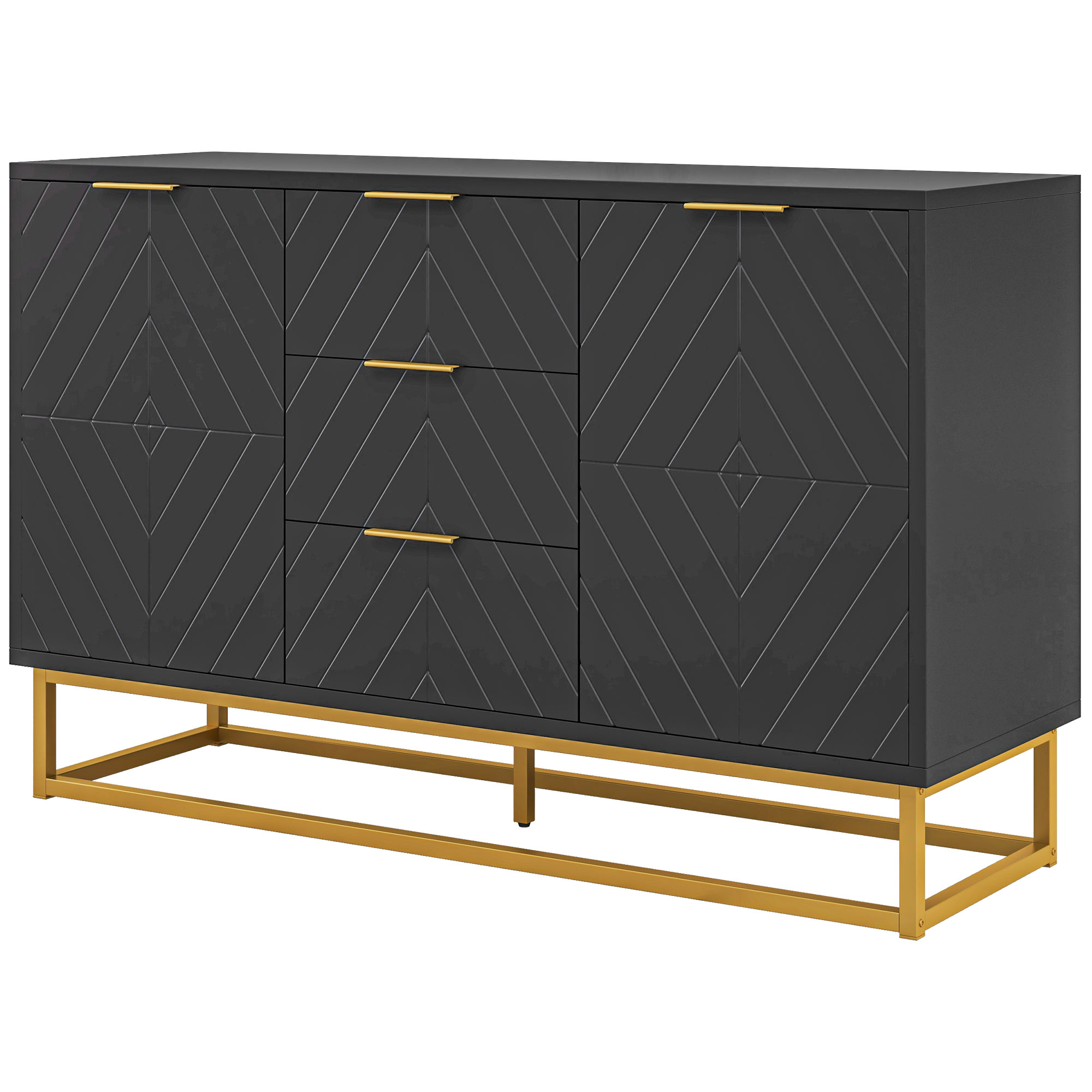 HOMCOM Buffet zeitgenössisches grafisches Design 2 Schranktüren mit verstellbaren Regalen 3 Schubladen in schwarzem Holz mit goldenem Metall Aosom