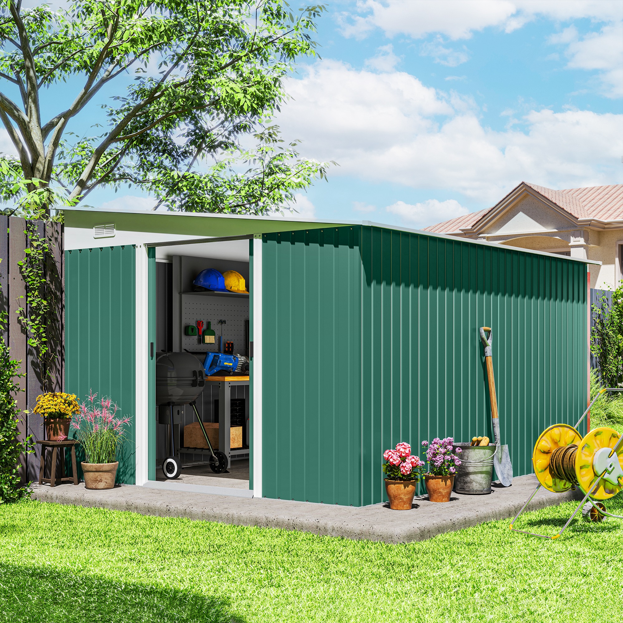 Outsunny Garden Metal Storage Shed Outdoor Metal Tool House with Double Sliding Doors and 2 Air Vents, 11.3x9.2ft, Green 2
