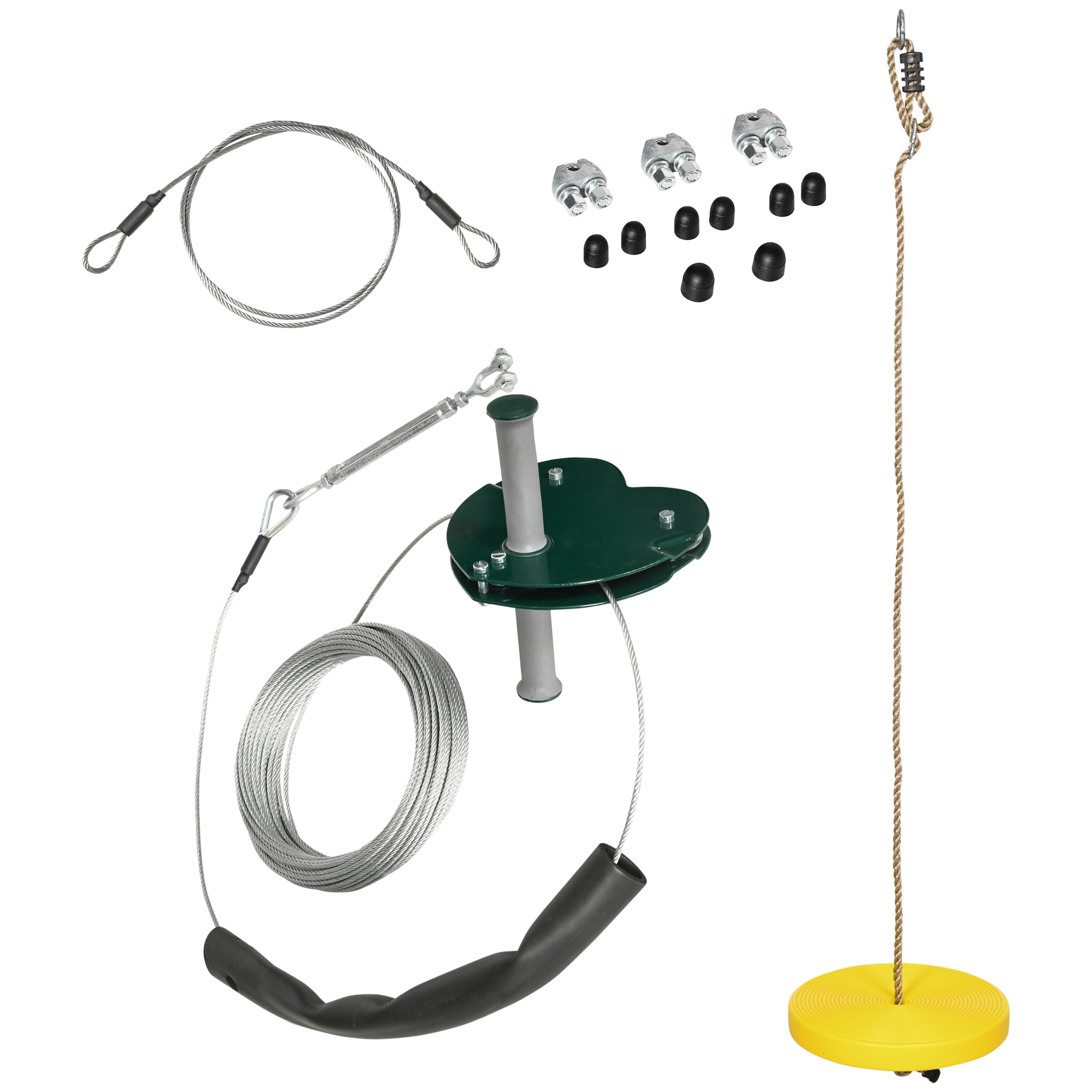 Outsunny Kits für Kinderseilrutschen 6-10 Jahre Garten-Seilrutsche mit Anti-Rutsch-Griff Justierbarem Seil Baumschutzvorrichtung Maximale Kapazität 80 kg Stahlseil Gelb Aosom