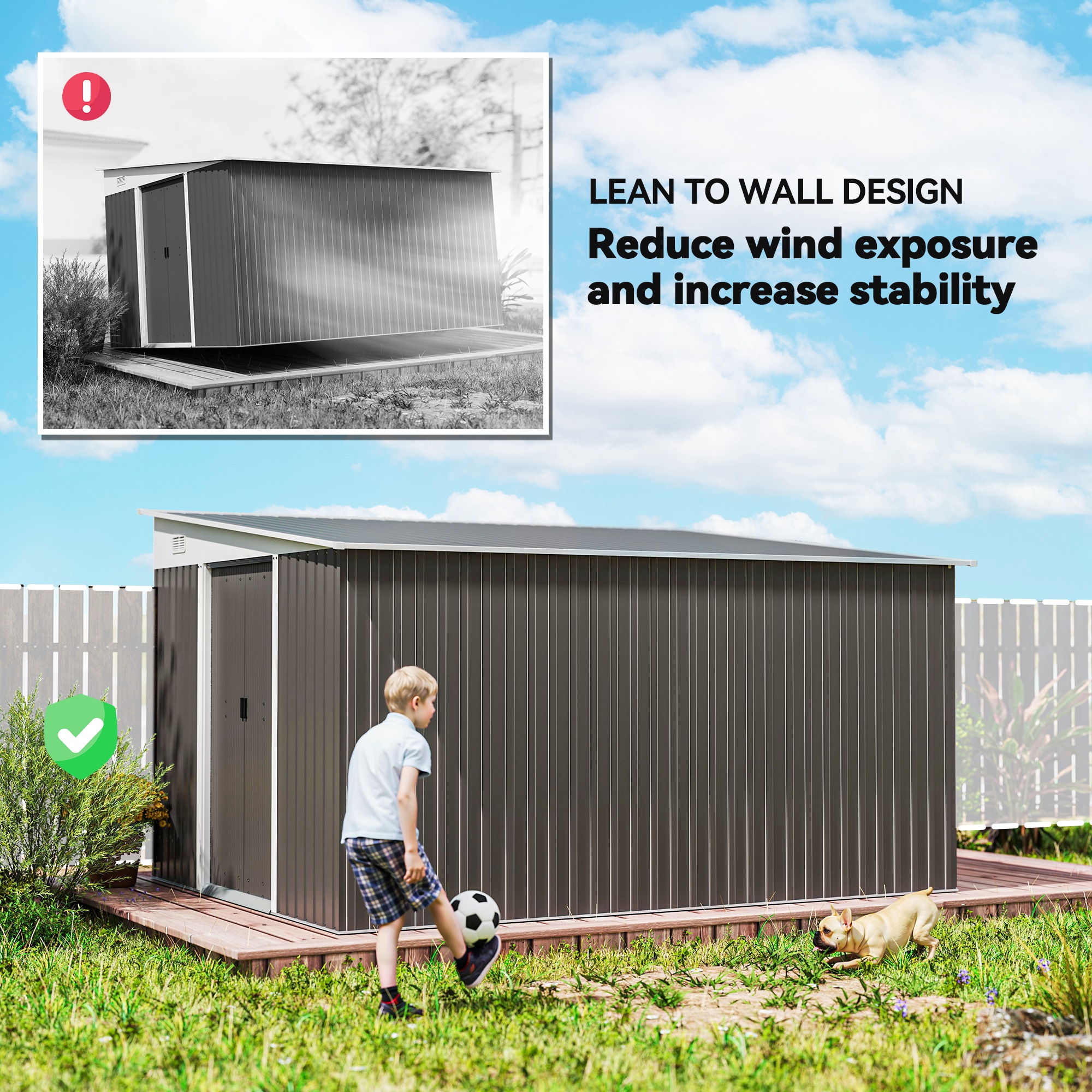 Outsunny 11.3 x 9.2ft Lean to Metal Garden Shed, Outdoor Galvanised Tool Storage House with Double Sliding Doors and 2 Air Vents, Grey 7