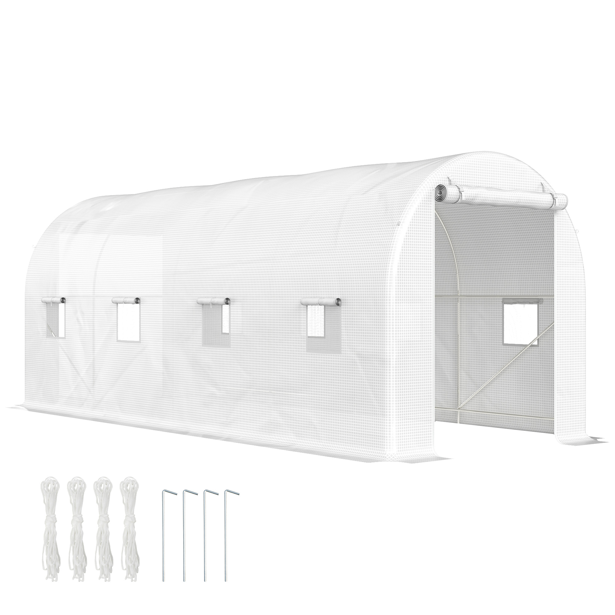 Outsunny Invernadero de Túnel 500x200x205 cm Invernadero de Jardín con Puerta Enrollable y 8 Ventanas Cubierta PE 140 g/m² Blanco