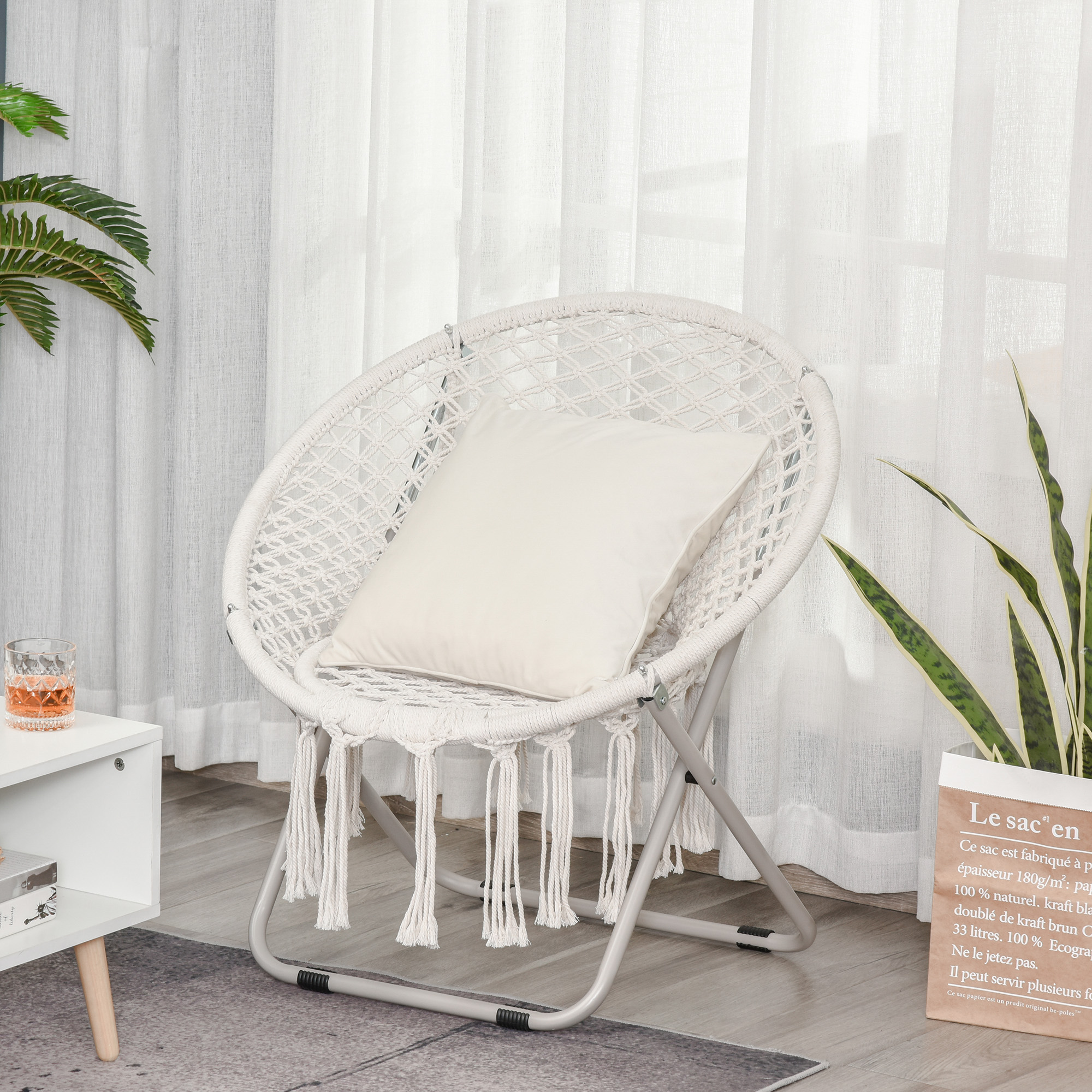 Outsunny Hängesessel runder Gartenstuhl Mond Papasan Klappbarer großer Komfort Makramee Baumwolle Polyester Beige   Aosom