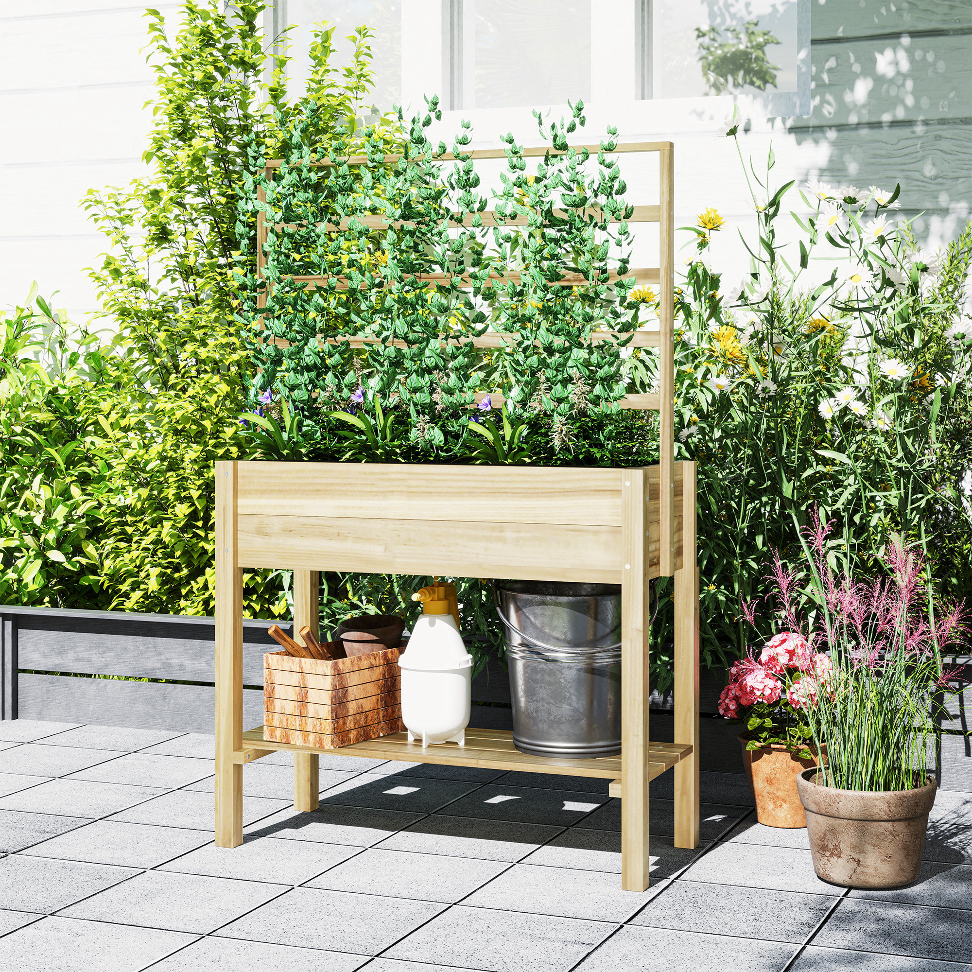Outsunny Blumenkasten auf Stnder, erhhtes Garten-Hochbeet auf Stnder mit  Gitter und Regal, aus Holz, 88 x 37 x 137 cm Naturholz