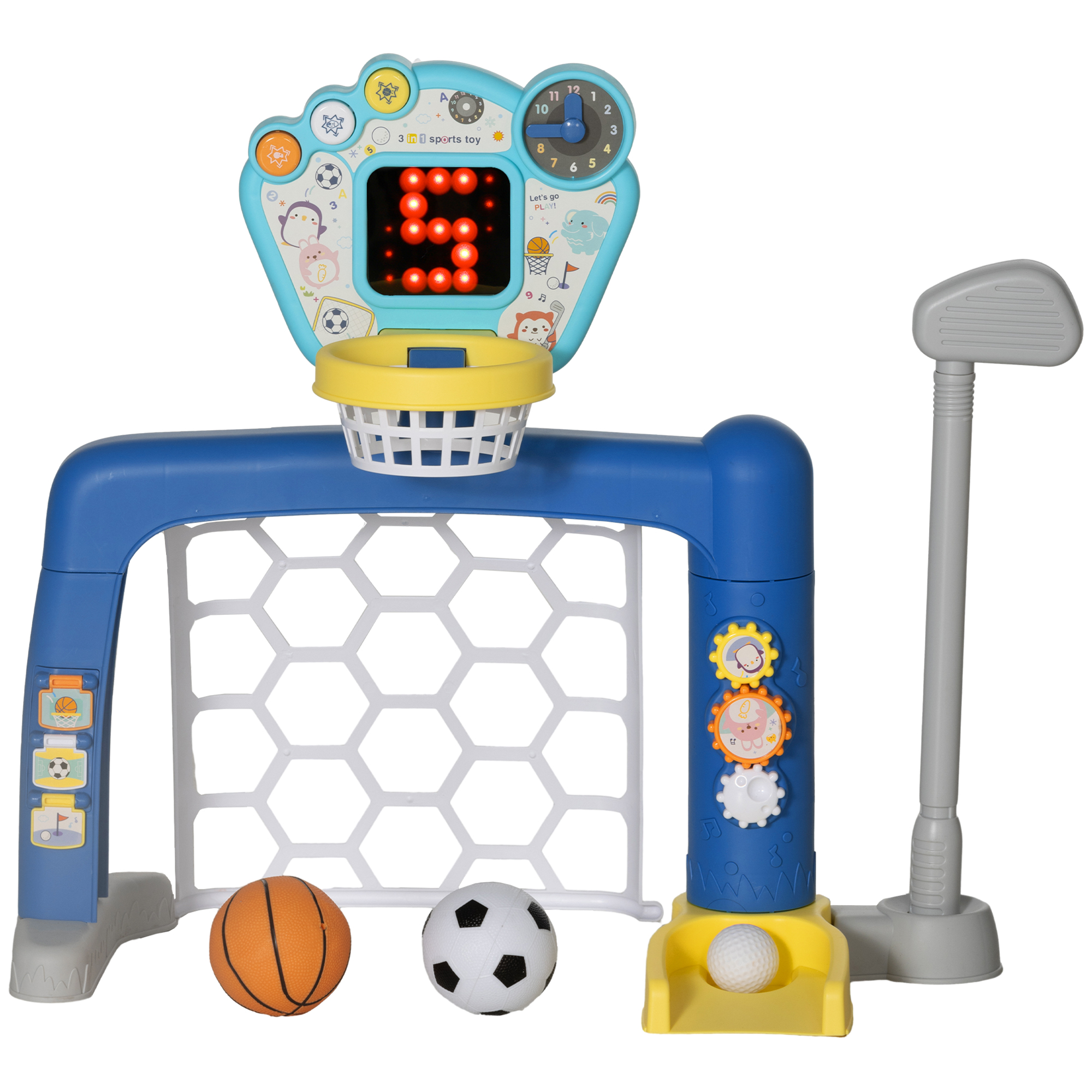 AIYAPLAY Fußballtor für Kinder, 3-in-1 Multi-Activity Center mit verstellbarem Basketballkorb, Scoreboard, Golfset, Sound- und Lichteffekten, für 18-48 Monate, bunt   Aosom – AIYAPLAY