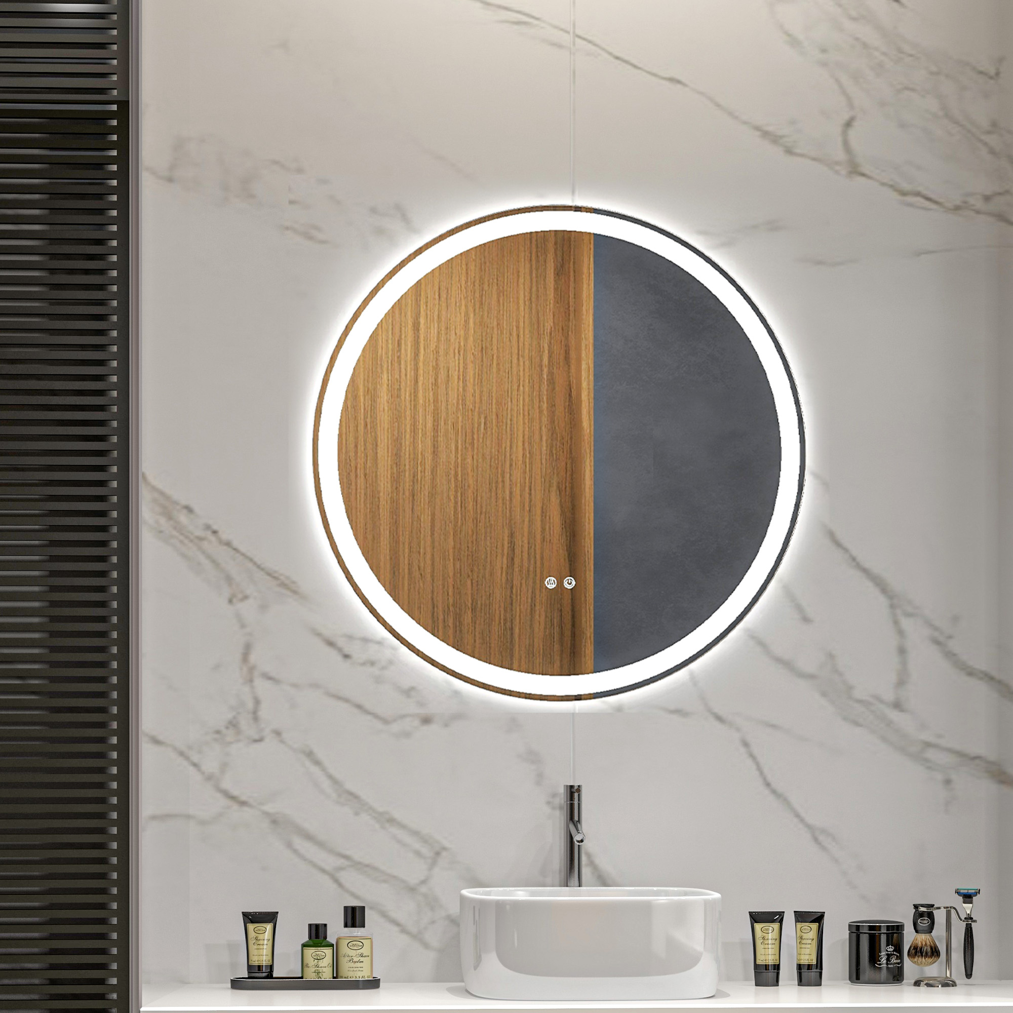 kleankin Round Bathroom Mirror with LED Lights, Wall Mount Dimmable Makeup Mirror with 3 Temperature Colours, Defogging Film and Memory Function, Frameless, Hardwired, 60 x 60 cm 2