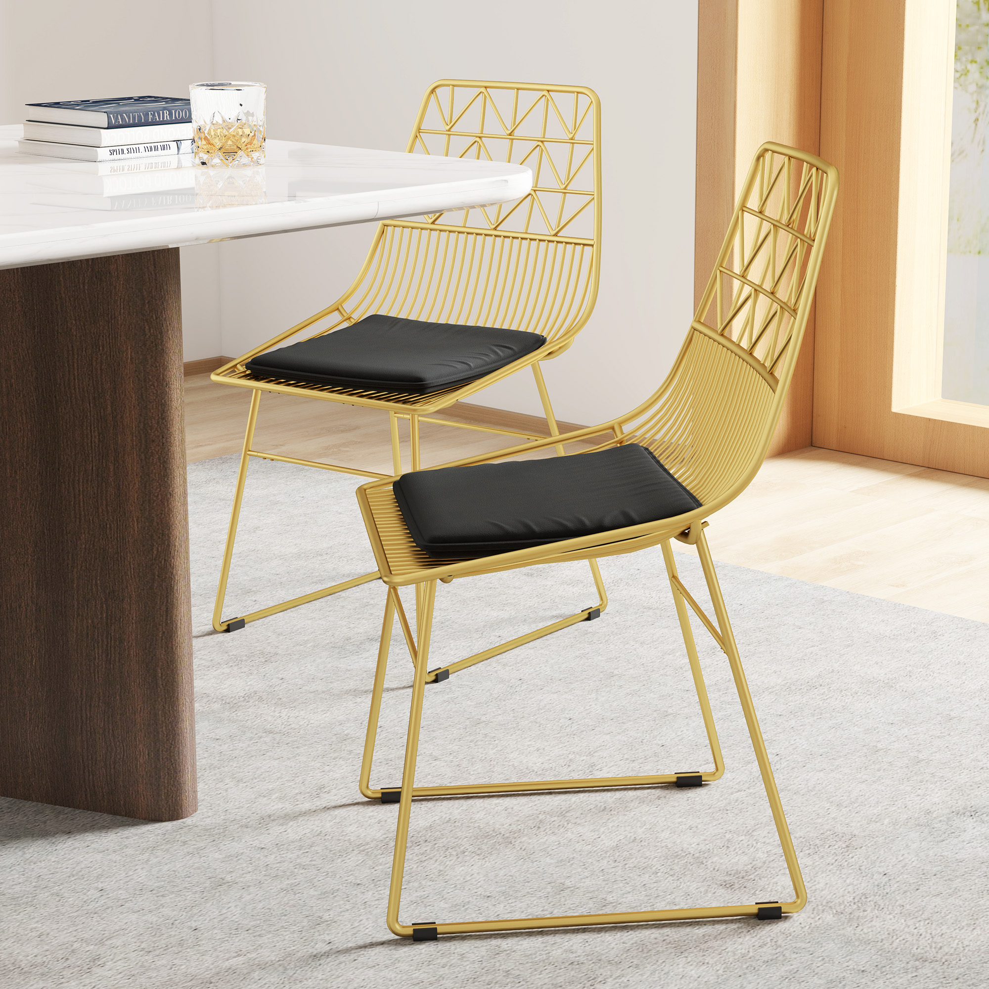 HOMCOM Luxurious Dining Chairs Set of 4, Metal Wire Kitchen Chair with Removable Velvet-feel Cushion, Cut-out Back and Steel Frame for Dining Room, Gold Tone 9