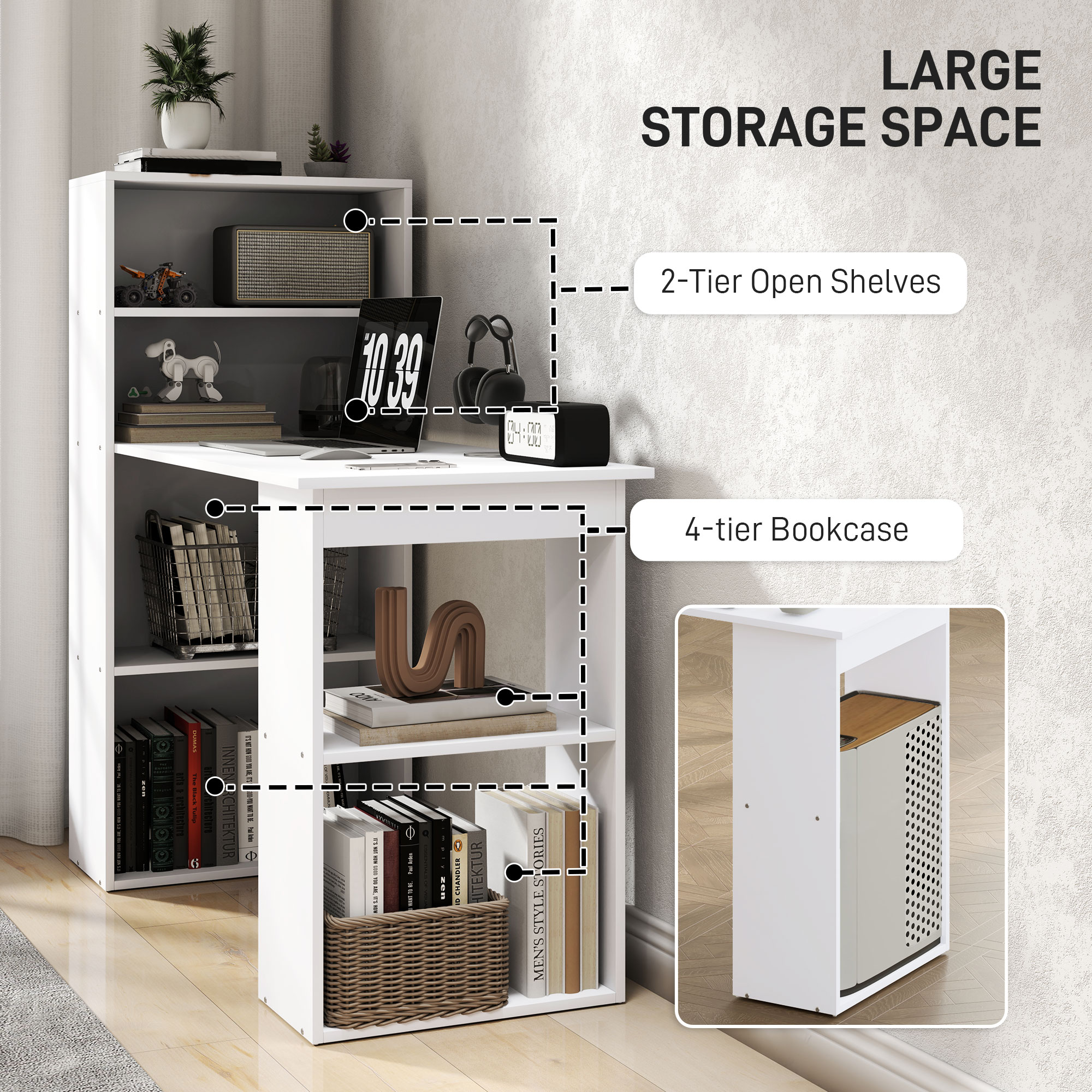 HOMCOM 120cm Computer Desk, Wooden PC Laptop Table with 6-Tier Storage Bookshelves, Home Office Working Study Desk, Writing Workstation, White 5