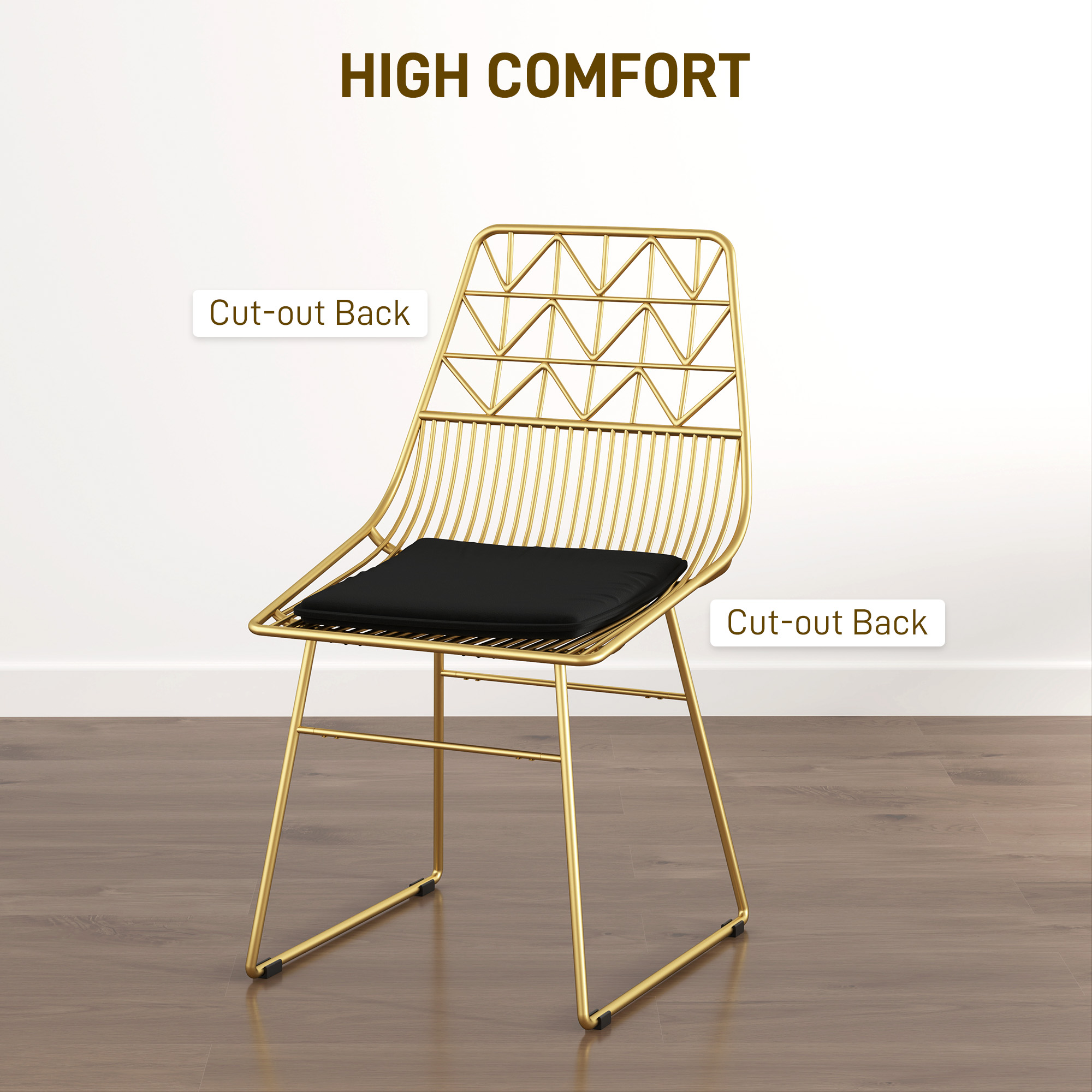 HOMCOM Luxurious Dining Chairs Set of 4, Metal Wire Kitchen Chair with Removable Velvet-feel Cushion, Cut-out Back and Steel Frame for Dining Room, Gold Tone 5