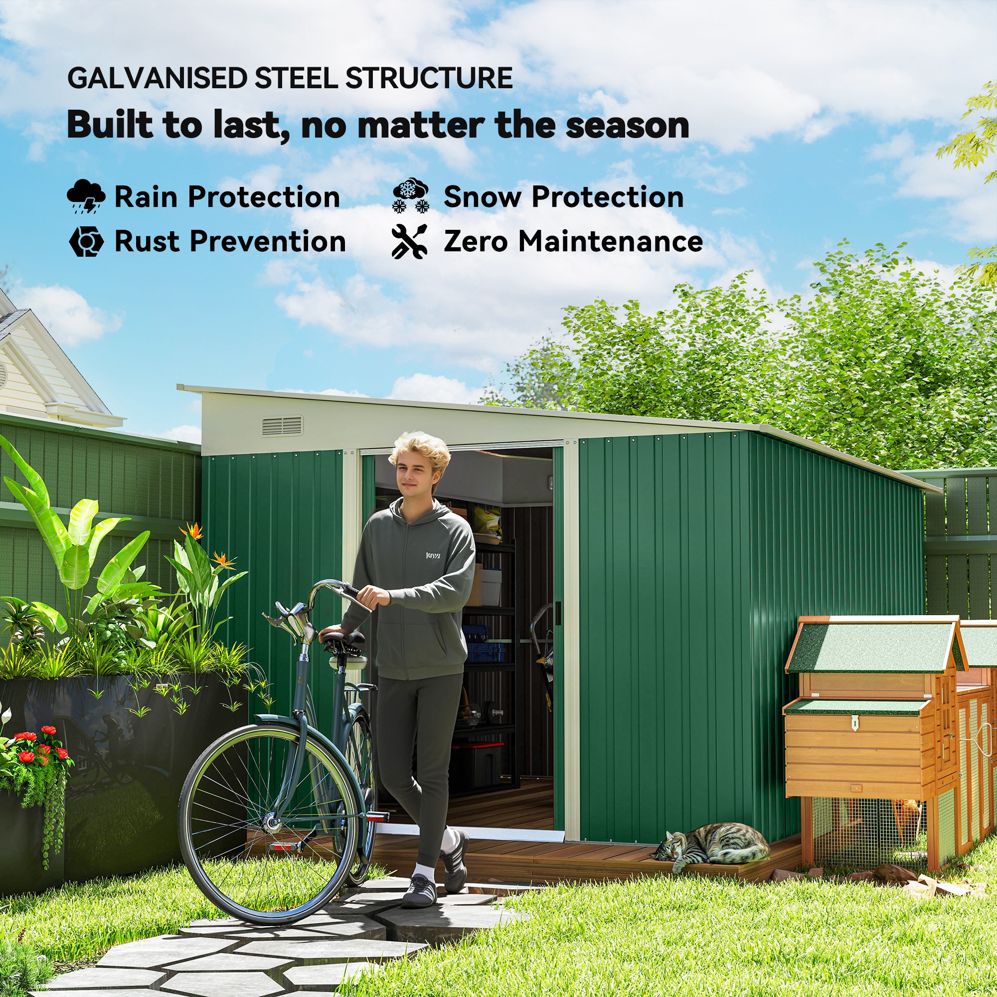 Outsunny Garden Metal Storage Shed Outdoor Metal Tool House with Double Sliding Doors and 2 Air Vents, 11.3x9.2ft, Green 5