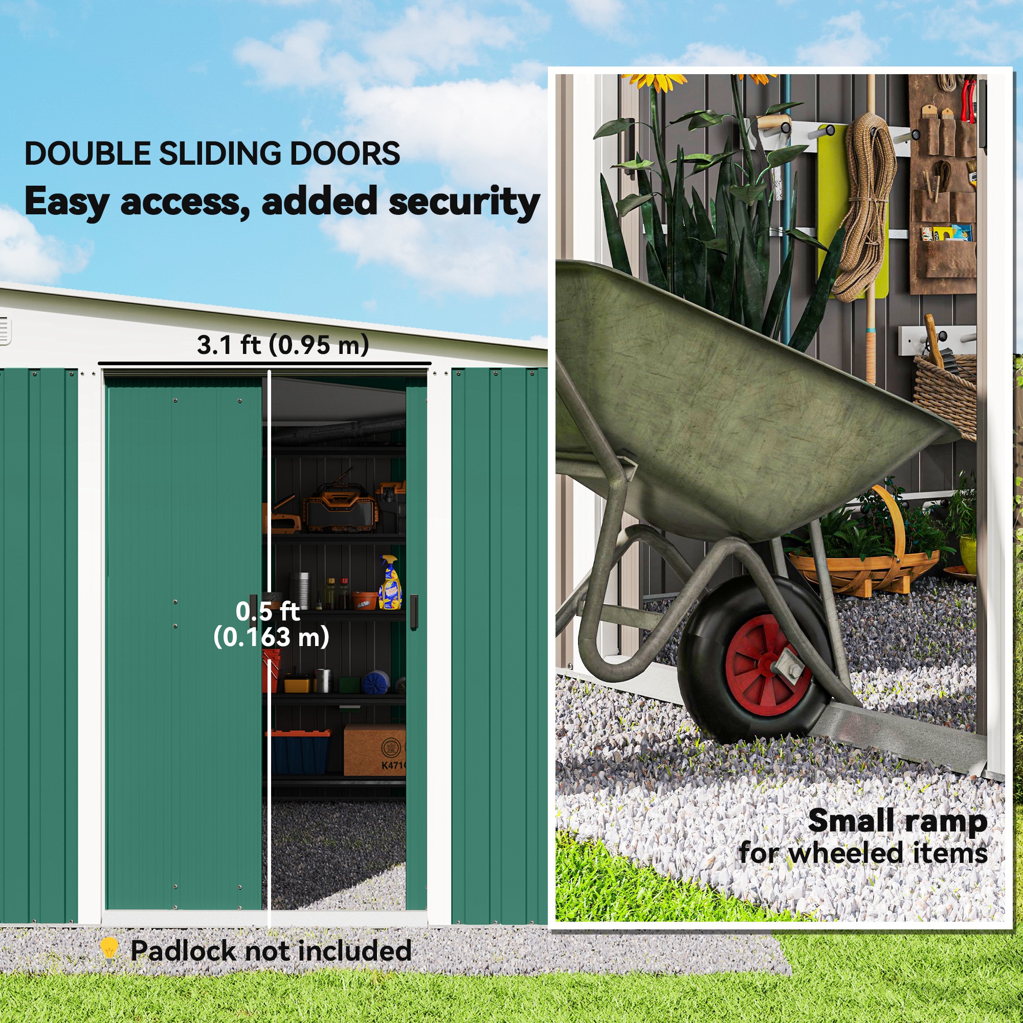 Outsunny Garden Metal Storage Shed Outdoor Metal Tool House with Double Sliding Doors and 2 Air Vents, 11.3x9.2ft, Green 6