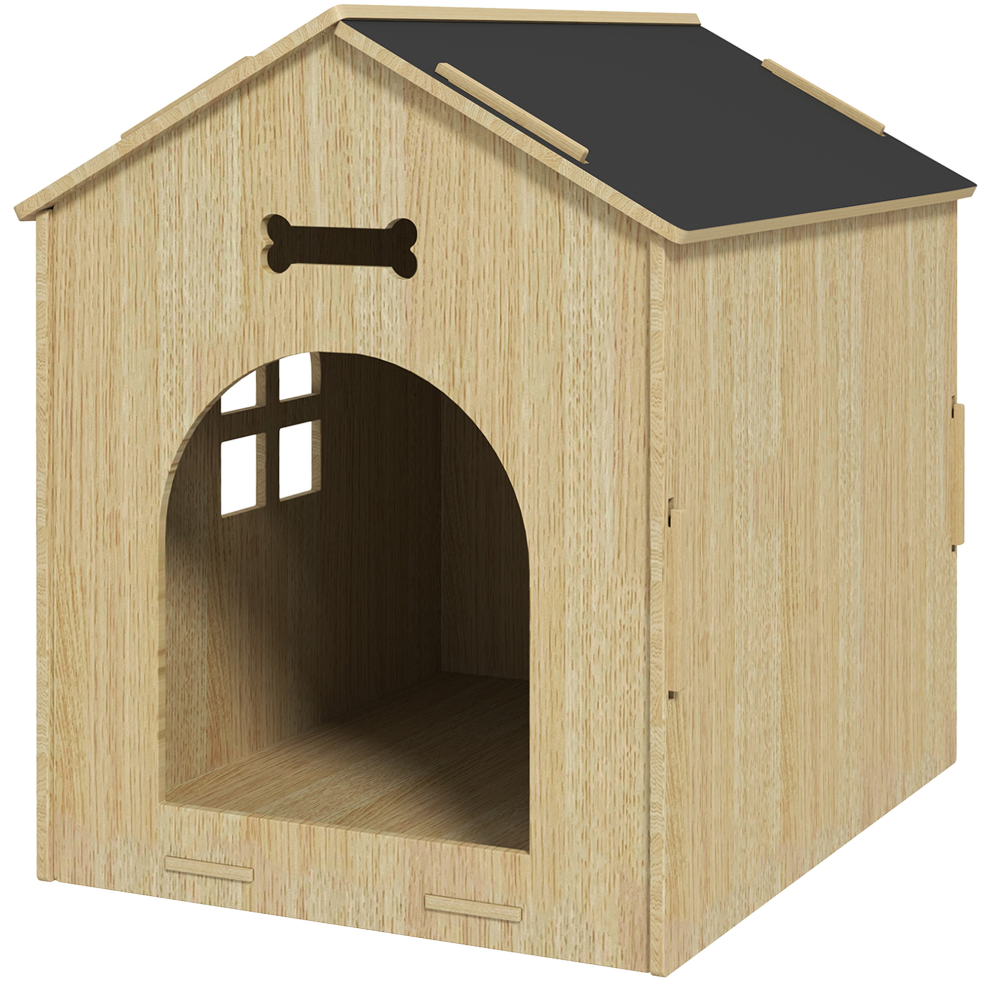 PawHut Innennische für Hunde, Innendesign aus Holz mit hohlen Knochenmustern, Fenster, einfache Montage, für Miniaturhund, Katze, 44 x 57 x 58 cm, Eiche   Aosom – PawHut
