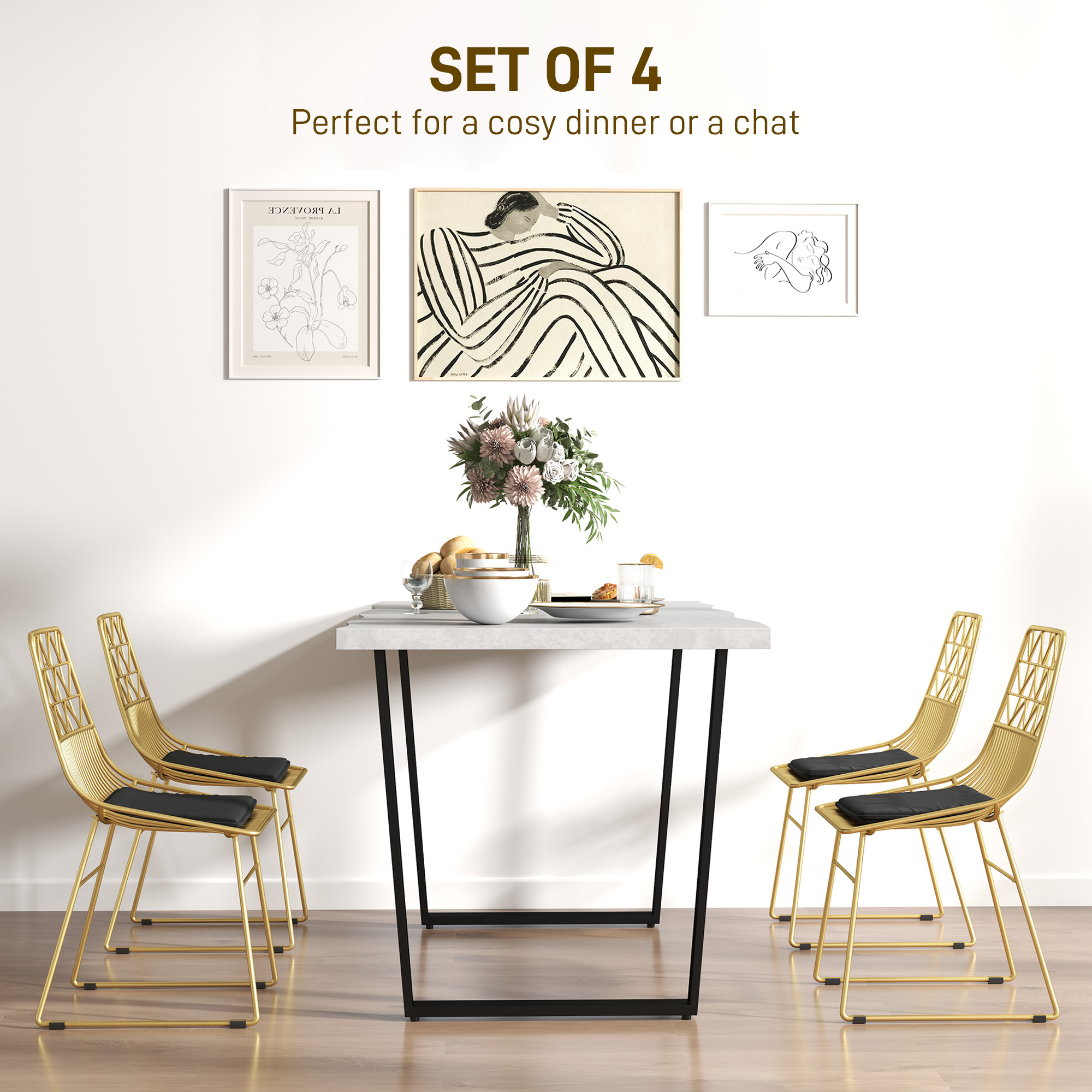 HOMCOM Luxurious Dining Chairs Set of 4, Metal Wire Kitchen Chair with Removable Velvet-feel Cushion, Cut-out Back and Steel Frame for Dining Room, Gold Tone 4