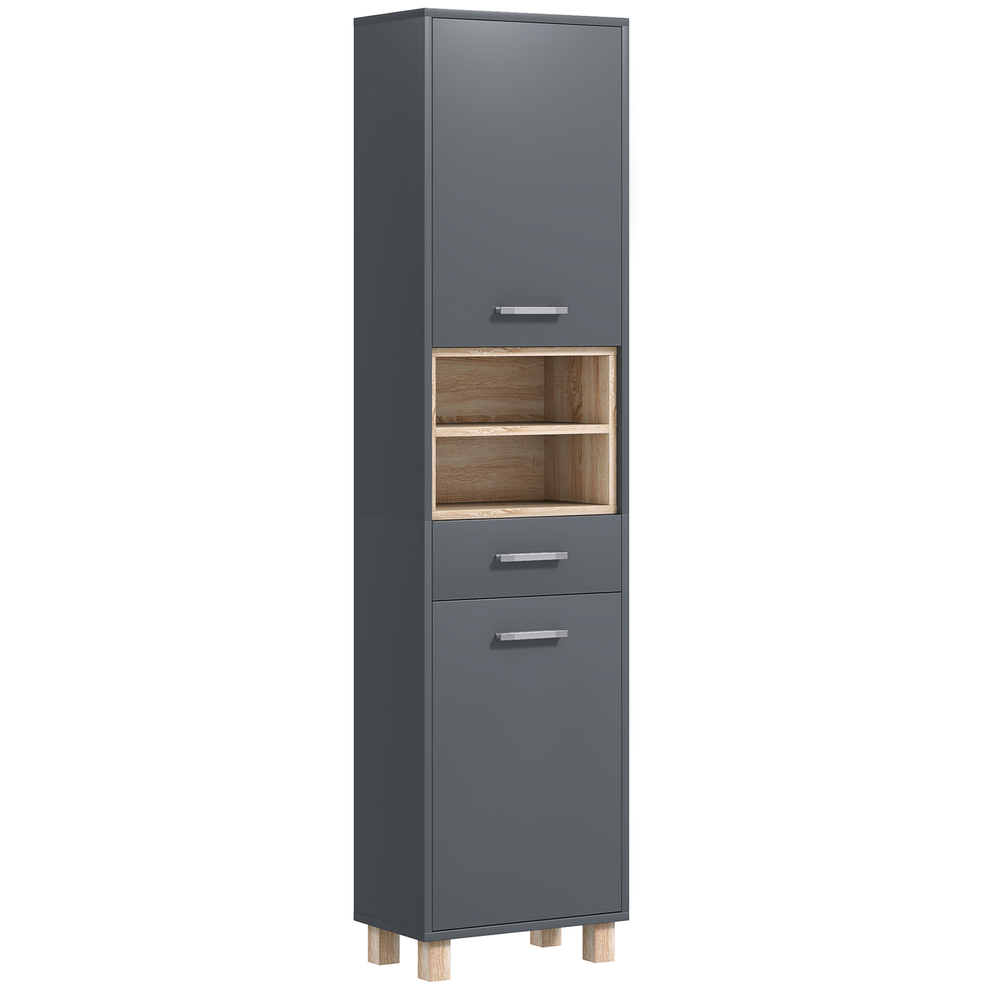 HOMCOM Badezimmerschrank, Badezimmerschränke, Badezimmerspeicher mit 2 Schränken, Schublade und 2 offenen Fächern, Hochschrank für Wohnzimmer, Küche - 40 x 24 x 160 cm, Grau Aosom
