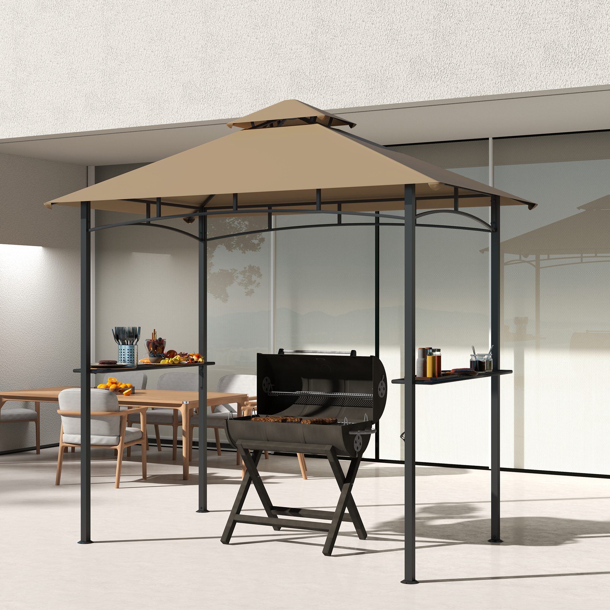 Outsunny 2.5x1.5m (8'x5') Grill Gazebo Canopy, Double Tiered Outdoor BBQ Gazebo Shelter with 2 Side Shelves for Garden, Patio, Barbecue, Picnic, Khaki 8