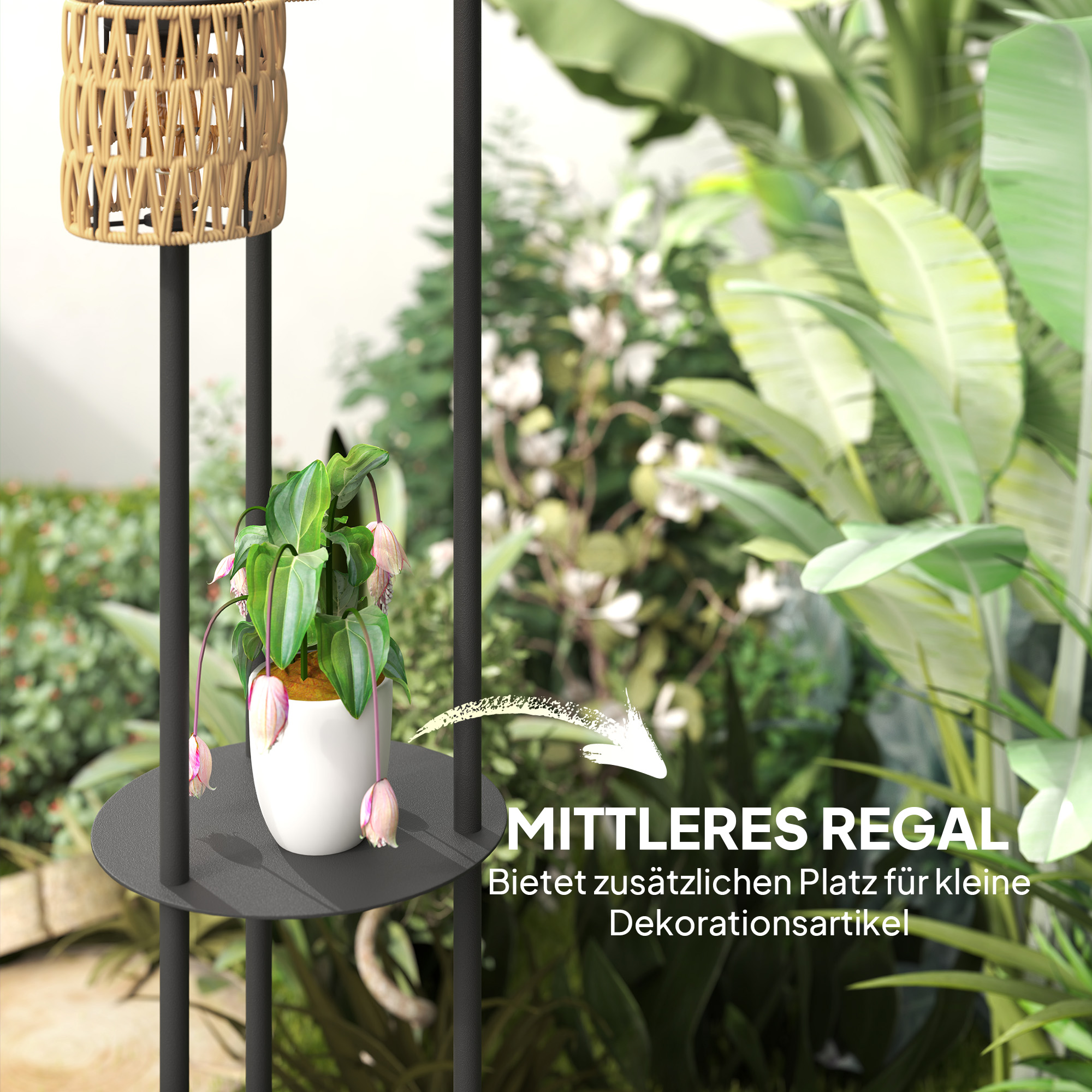 Päikeseenergial töötav põrandalamp, rotangist stiilis, päikeselambid valgussensoriga, 3 tuld, boheemlaslikus stiilis päikesevalgusti, IP44, Ø37 x 144K cm