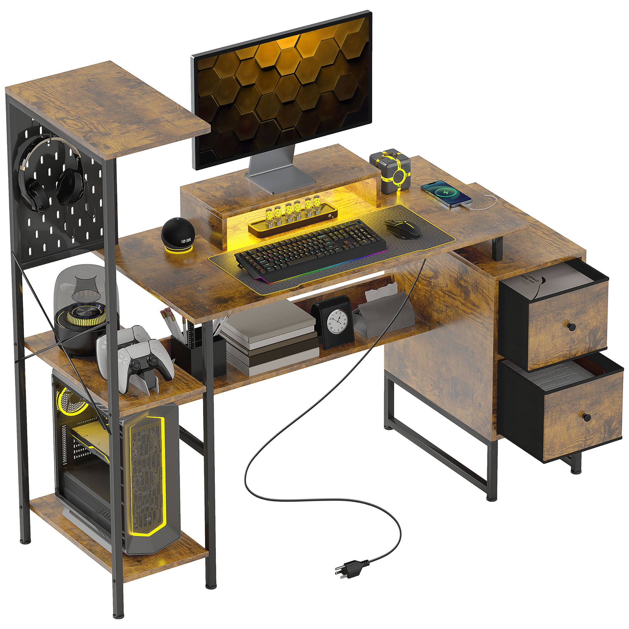 HOMCOM Escritorio con Estante para Monitor Almacenamiento y Luces LED RGB para Oficina o Estudio 142x50x126,5 cm Marrón rústico