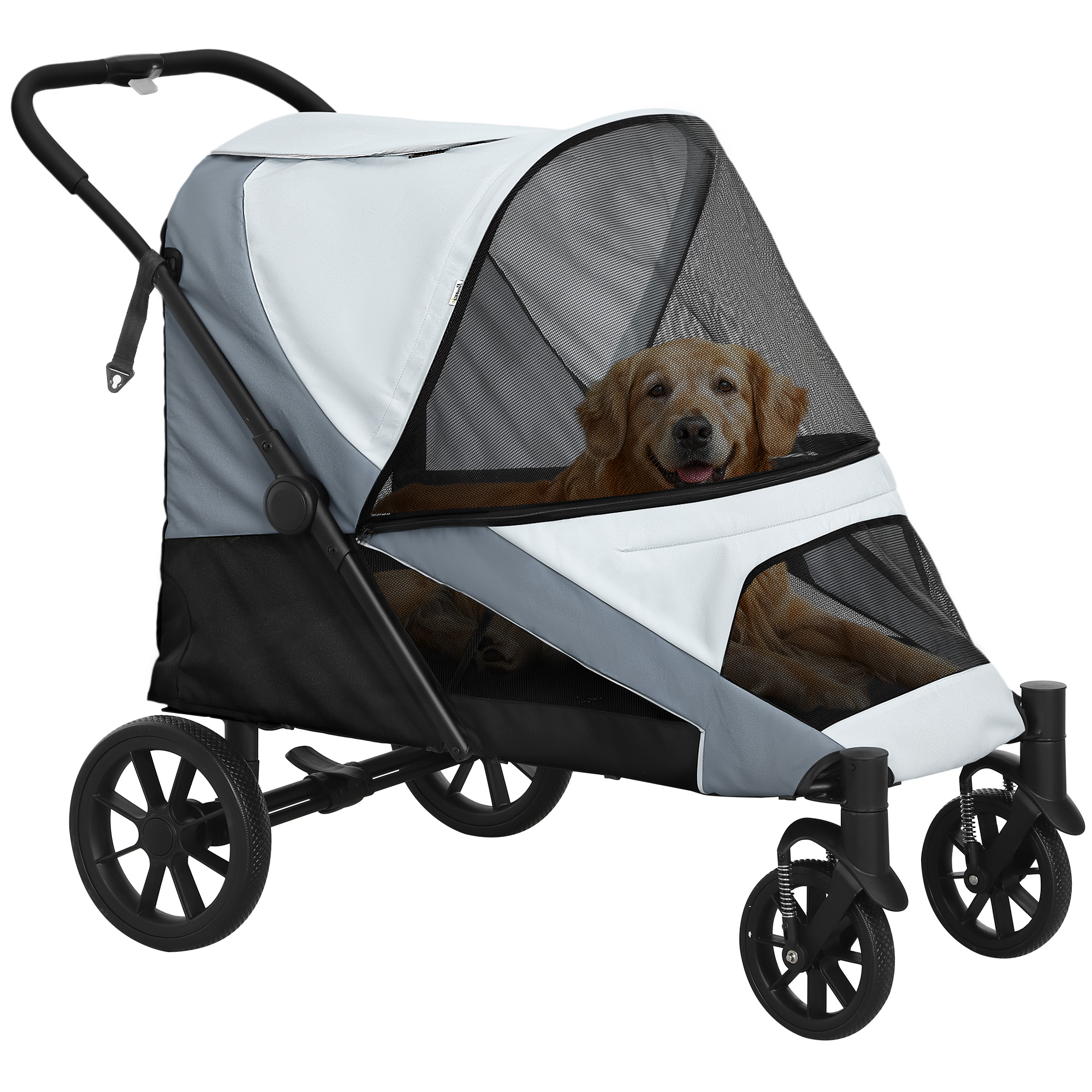 PawHut Carrinho para Cães Dobrável com Rodas Correias de Segurança Estrutura Amortecedora Almofada Lavável 124x67x100 cm Cinza Aosom Portugal