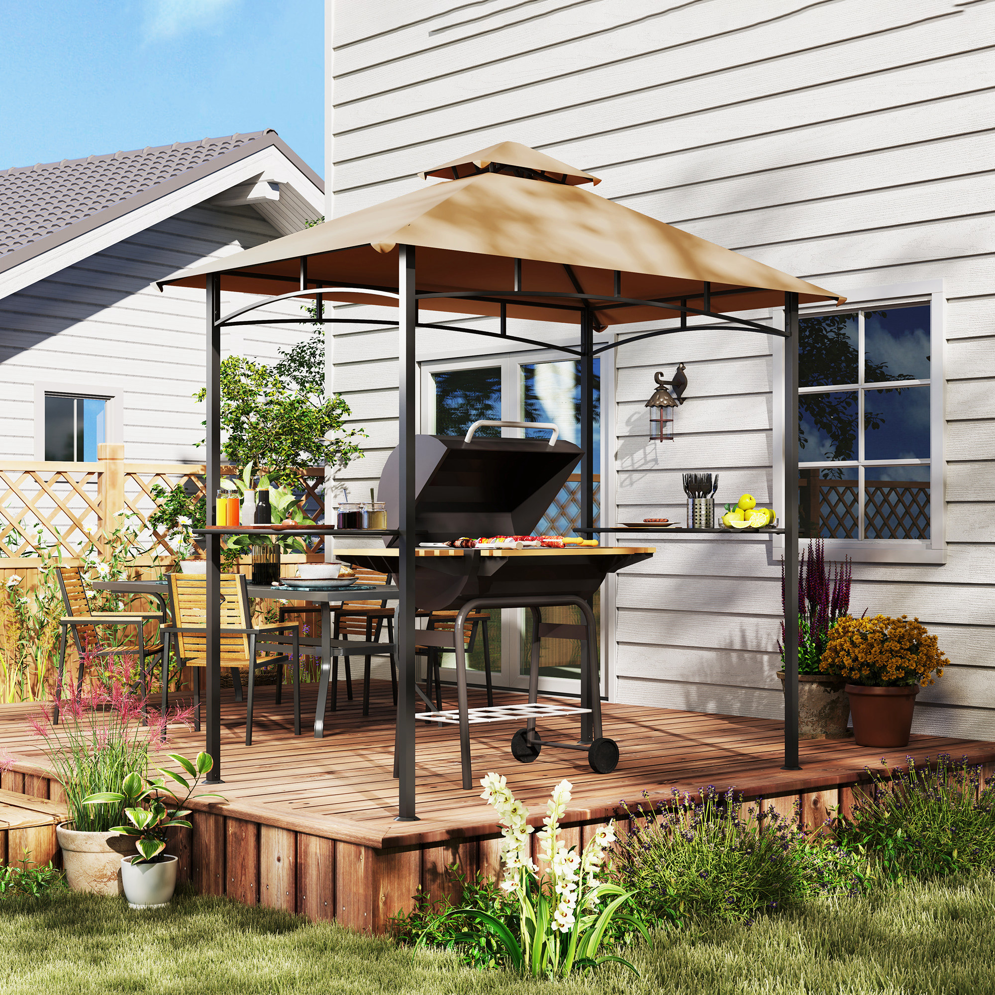 Outsunny 2.5x1.5m (8'x5') Grill Gazebo Canopy, Double Tiered Outdoor BBQ Gazebo Shelter with 2 Side Shelves for Garden, Patio, Barbecue, Picnic, Khaki 2