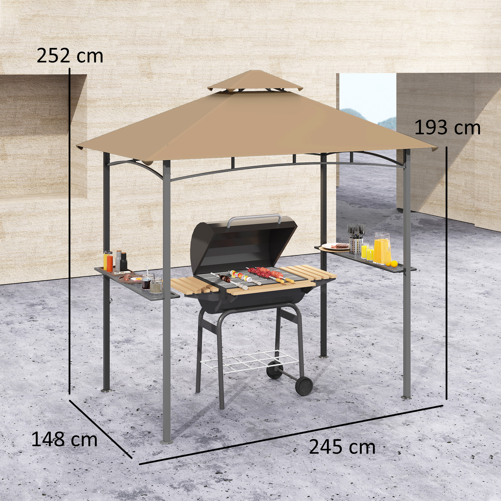 Outsunny 2.5x1.5m (8'x5') Grill Gazebo Canopy, Double Tiered Outdoor BBQ Gazebo Shelter with 2 Side Shelves for Garden, Patio, Barbecue, Picnic, Khaki 3