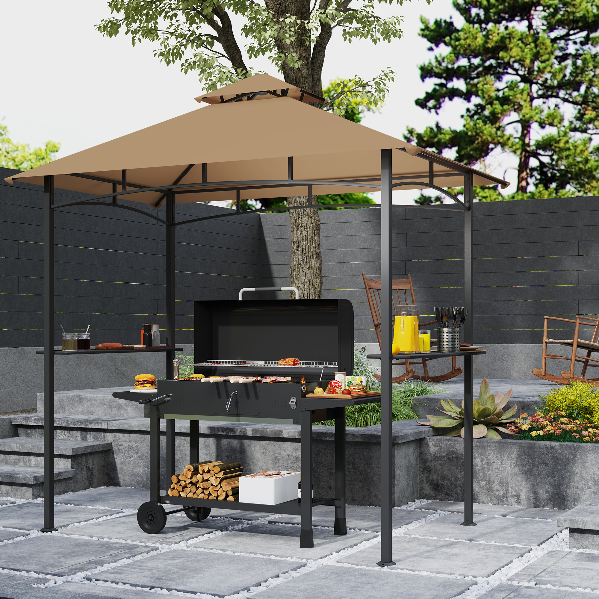 Outsunny 2.5x1.5m (8'x5') Grill Gazebo Canopy, Double Tiered Outdoor BBQ Gazebo Shelter with 2 Side Shelves for Garden, Patio, Barbecue, Picnic, Khaki 9