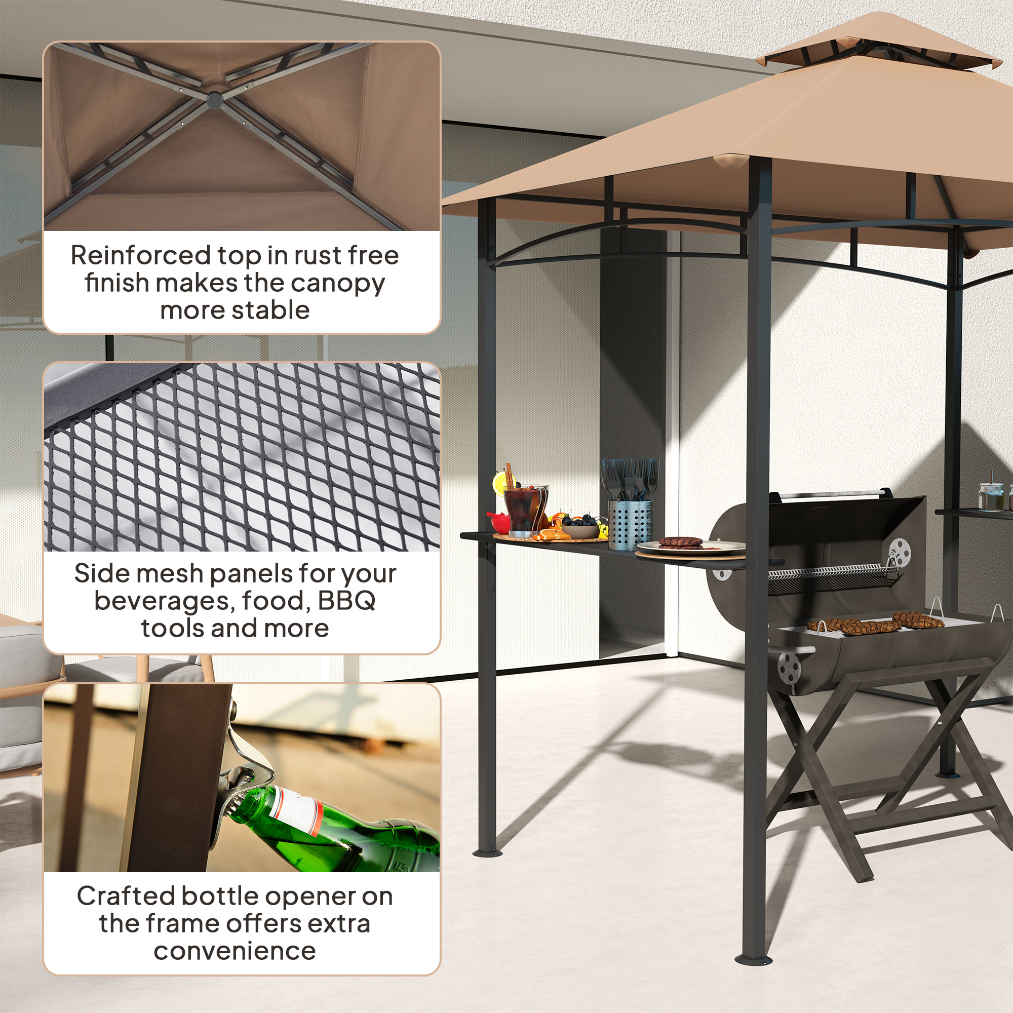 Outsunny 2.5x1.5m (8'x5') Grill Gazebo Canopy, Double Tiered Outdoor BBQ Gazebo Shelter with 2 Side Shelves for Garden, Patio, Barbecue, Picnic, Khaki 5