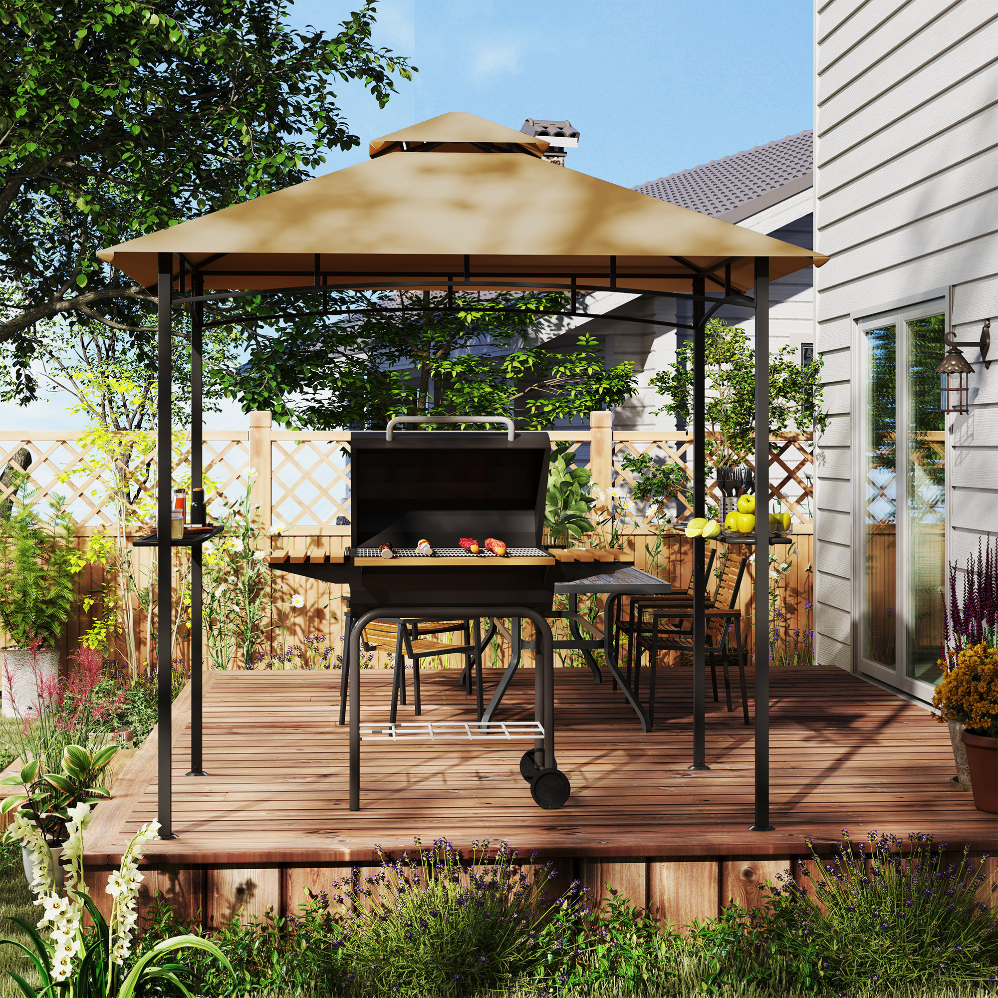 Outsunny 2.5x1.5m (8'x5') Grill Gazebo Canopy, Double Tiered Outdoor BBQ Gazebo Shelter with 2 Side Shelves for Garden, Patio, Barbecue, Picnic, Khaki 7