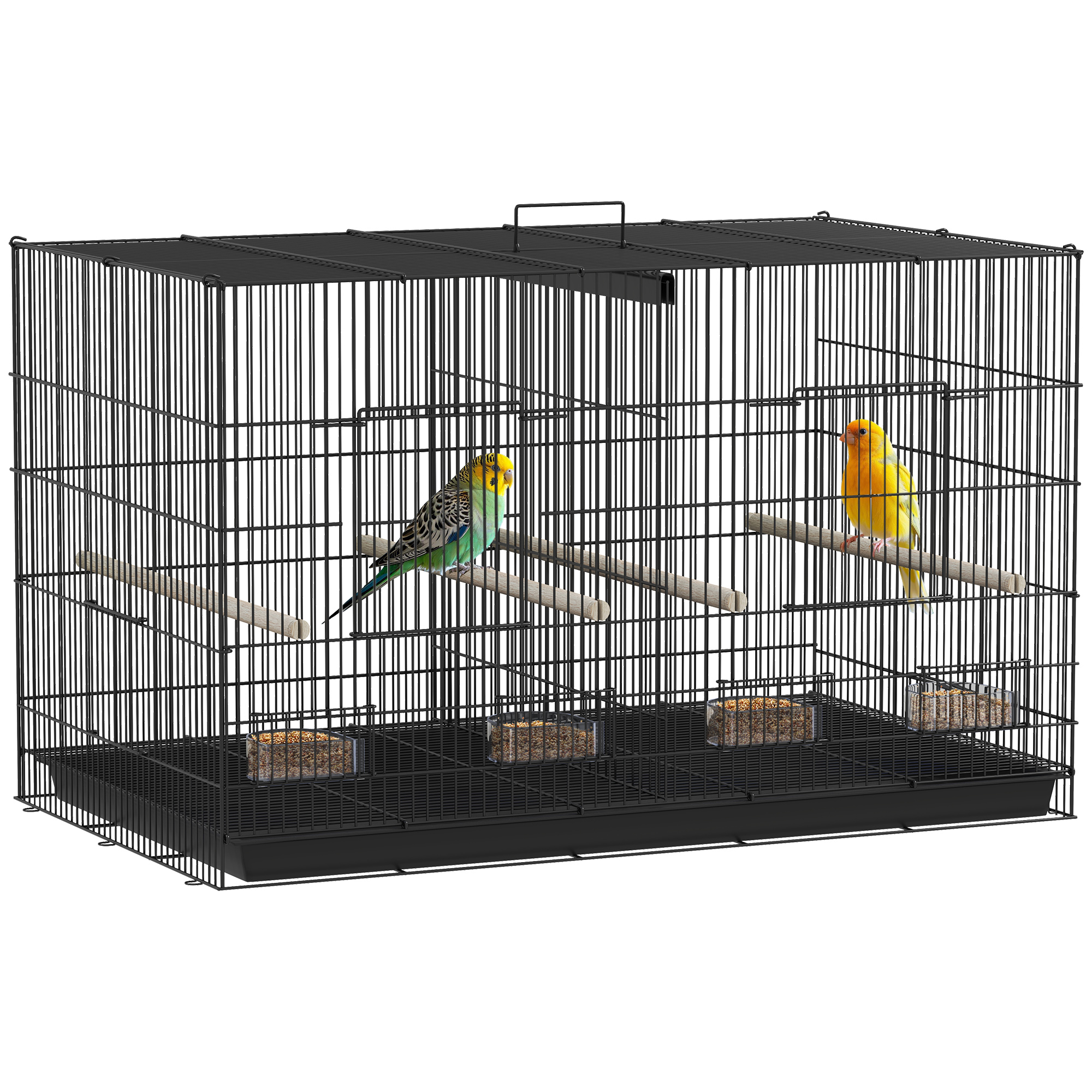 PawHut Jaula para Pájaros con Divisor 4 Comederos 4 Perchas Bandeja Extraíble para Loros Canarios Periquitos 94x57x57 cm Negro