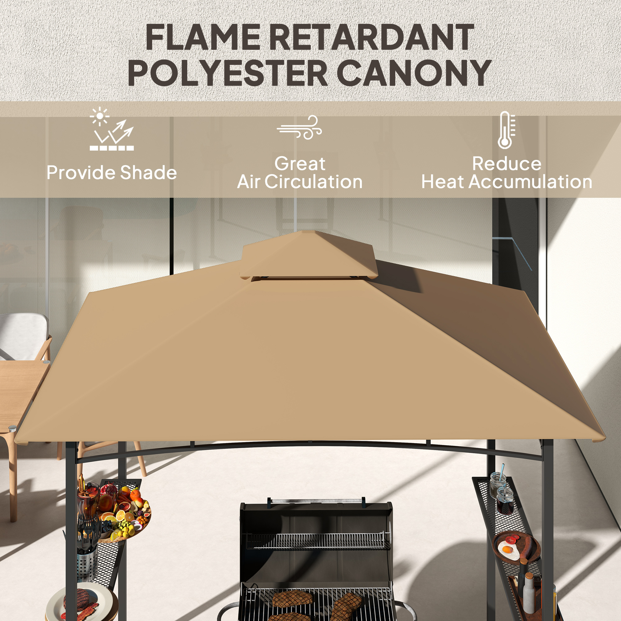 Outsunny 2.5x1.5m (8'x5') Grill Gazebo Canopy, Double Tiered Outdoor BBQ Gazebo Shelter with 2 Side Shelves for Garden, Patio, Barbecue, Picnic, Khaki 6
