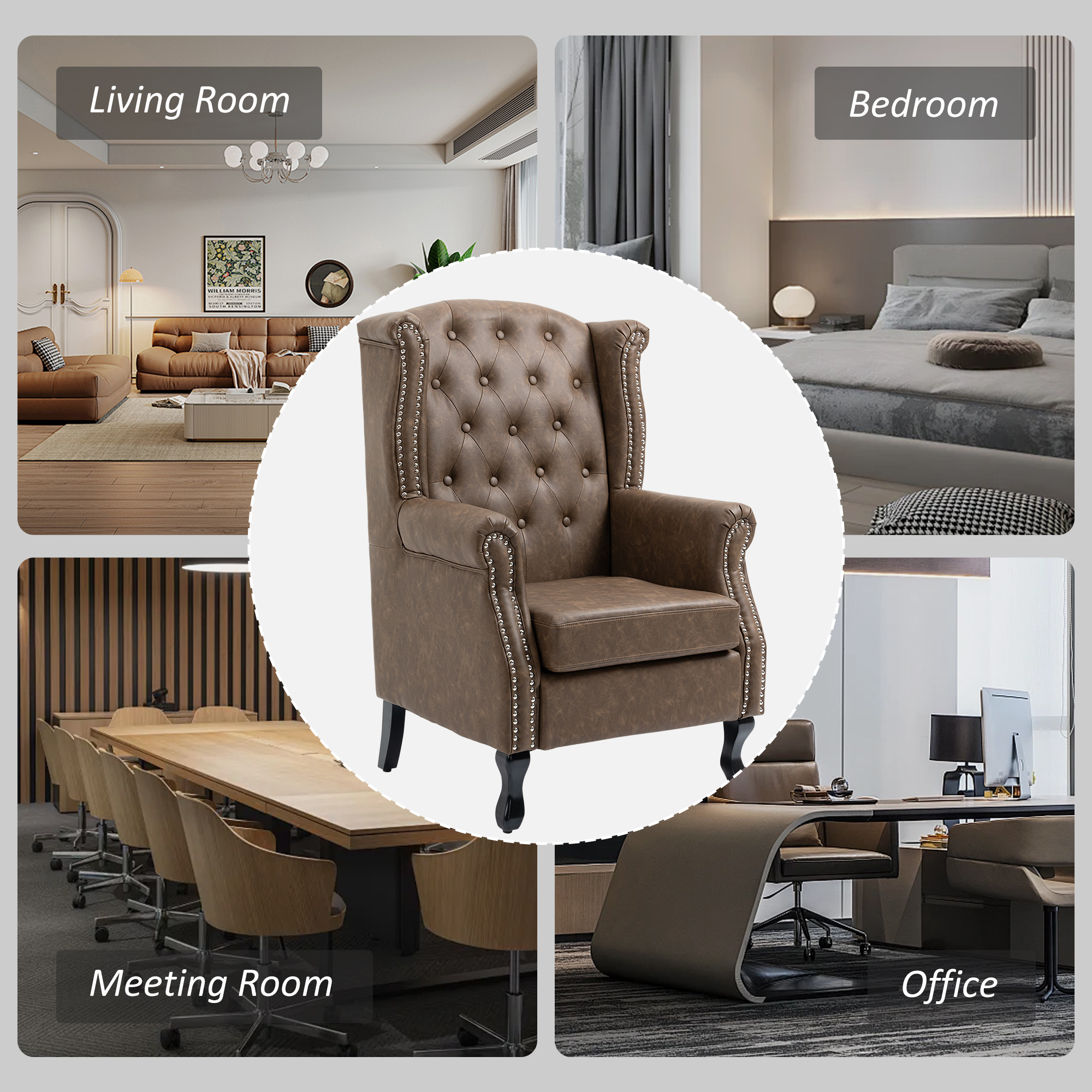 HOMCOM Wingback Accent Chair Tufted Chesterfield-style Armchair with Nail Head Trim for Living Room Bedroom Brown 8