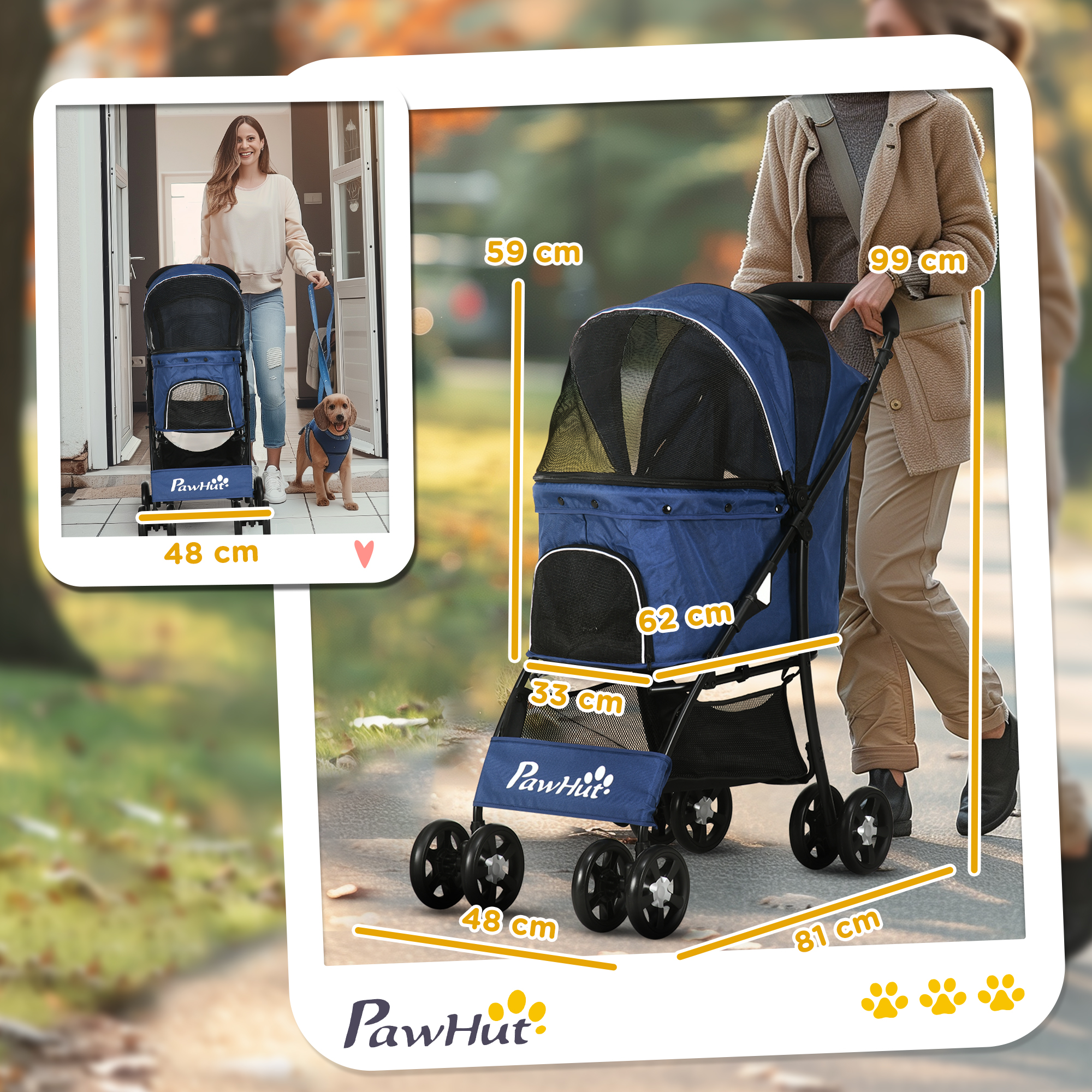 PawHut Foldable Pet Stroller for Dogs, Puppy Stroller, with Large Carriage, Brakes, Canopy Blue 3