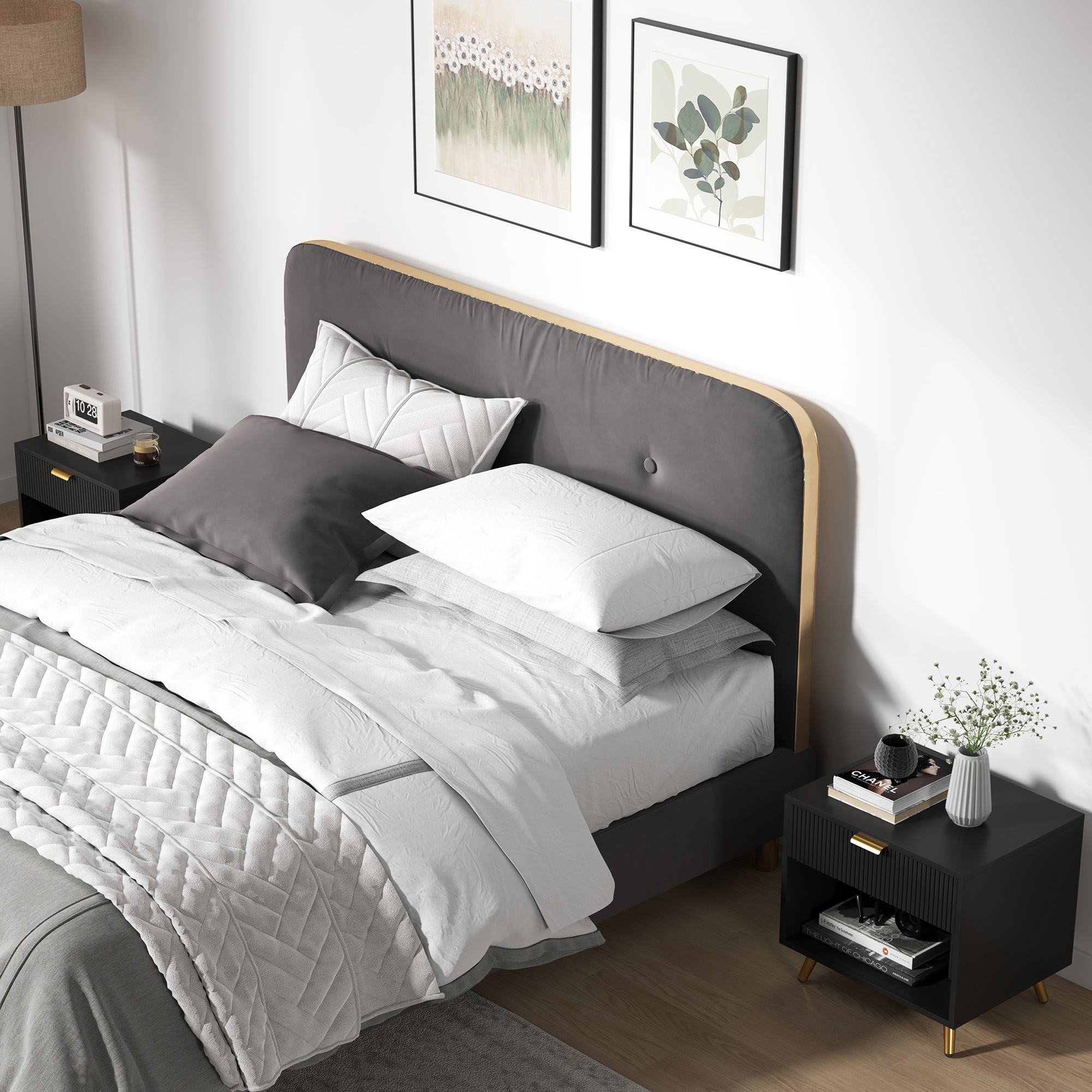 HOMCOM Elegant Bedside Table Set of 2, with Drawer and Shelf Black/Gold Tone 2
