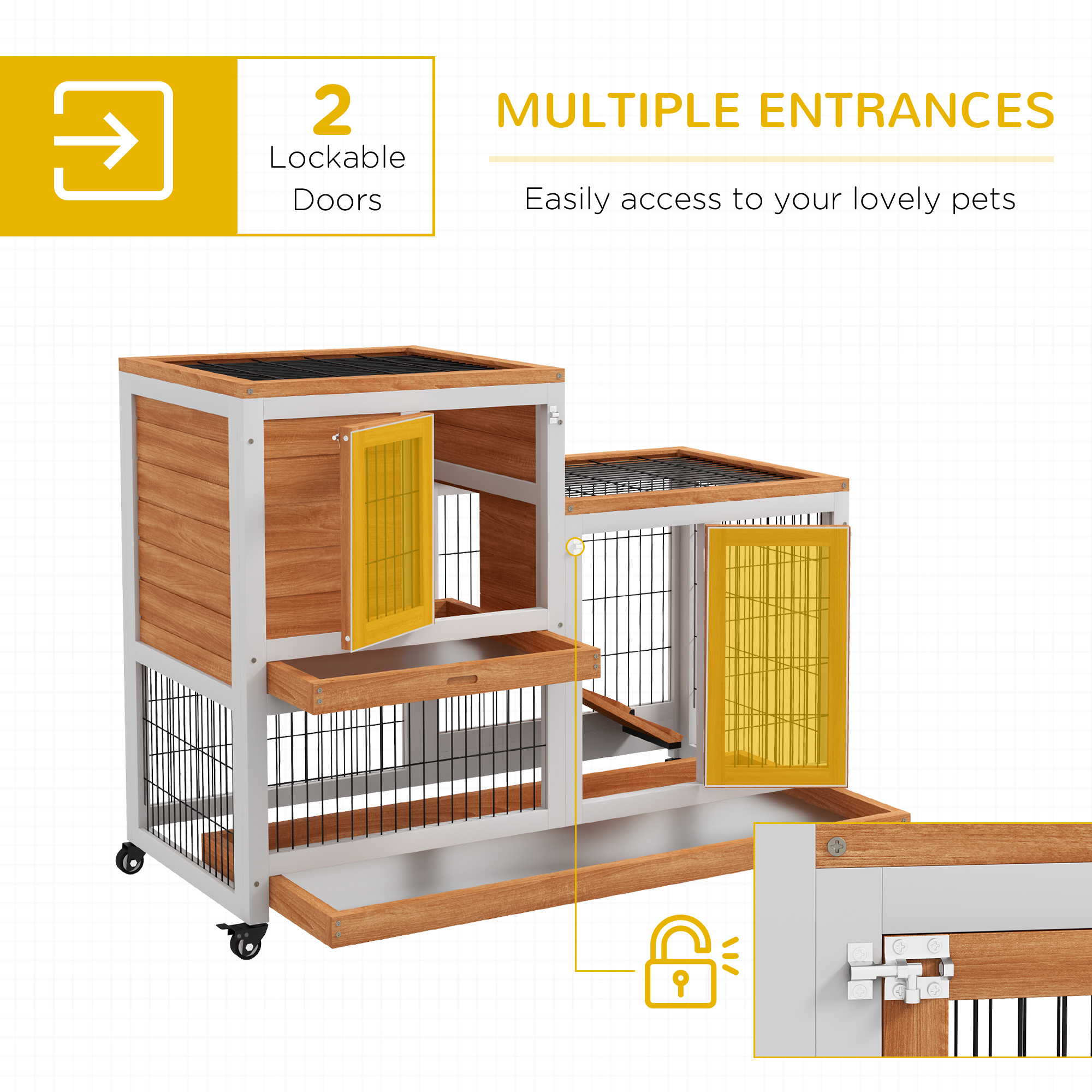 PawHut Wooden Indoor Hutch Elevated Cage w/ Wheel, Run, Yellow 5