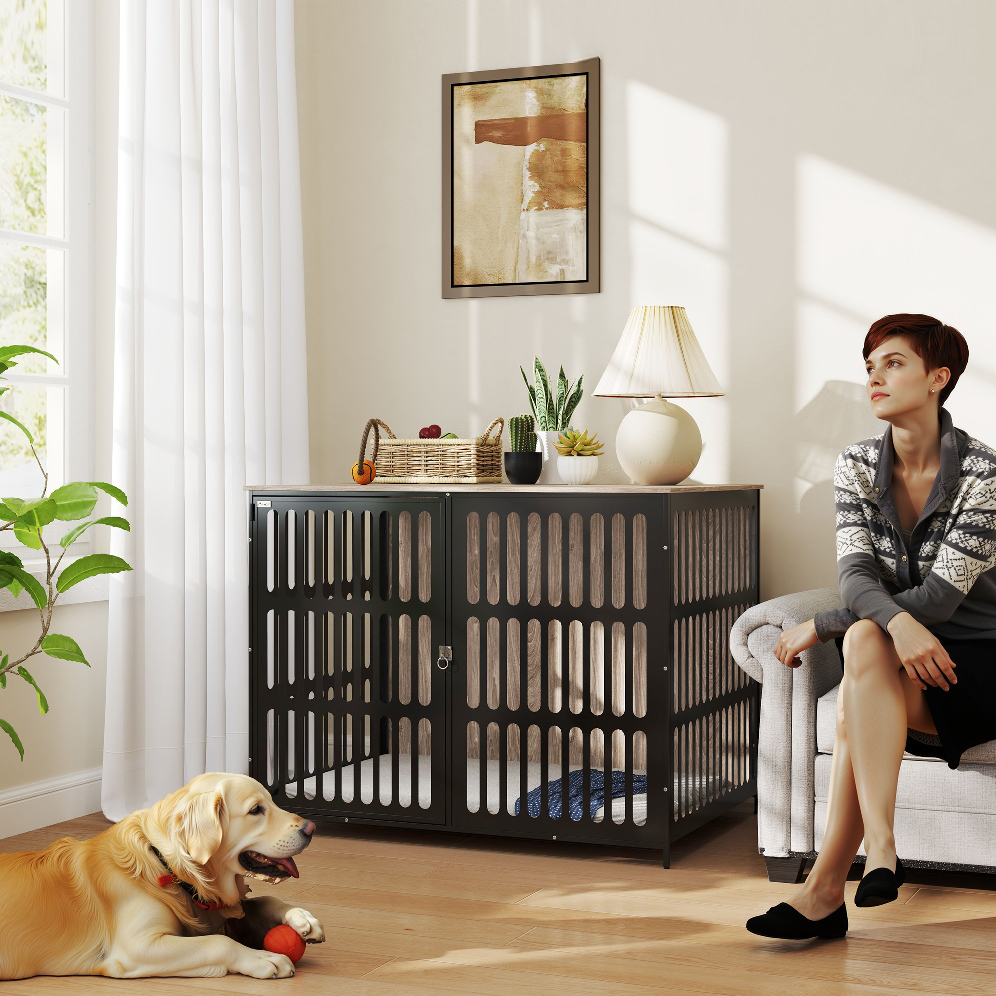 PawHut Dog Crate Furniture with Anti-Chew Resistant Mesh, Anti-Escape Single Door, for Extra Large Dogs, 118 x 80 x 92 cm 2