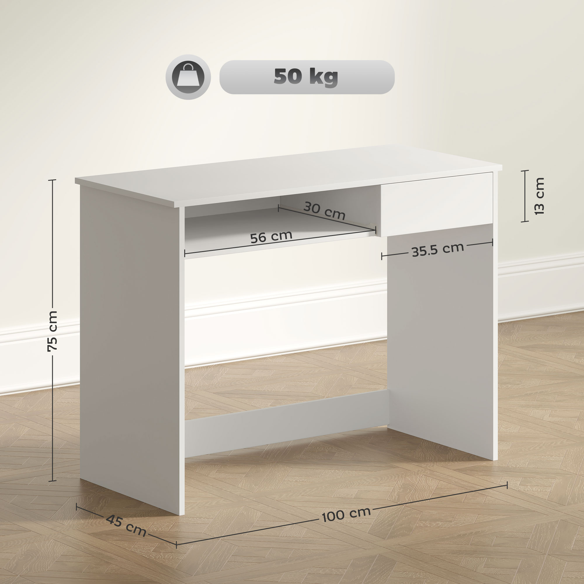 HOMCOM 100cm Compact Computer Desk with Keyboard Tray, Home Office Desk with Drawer for Bedroom Study, White 3