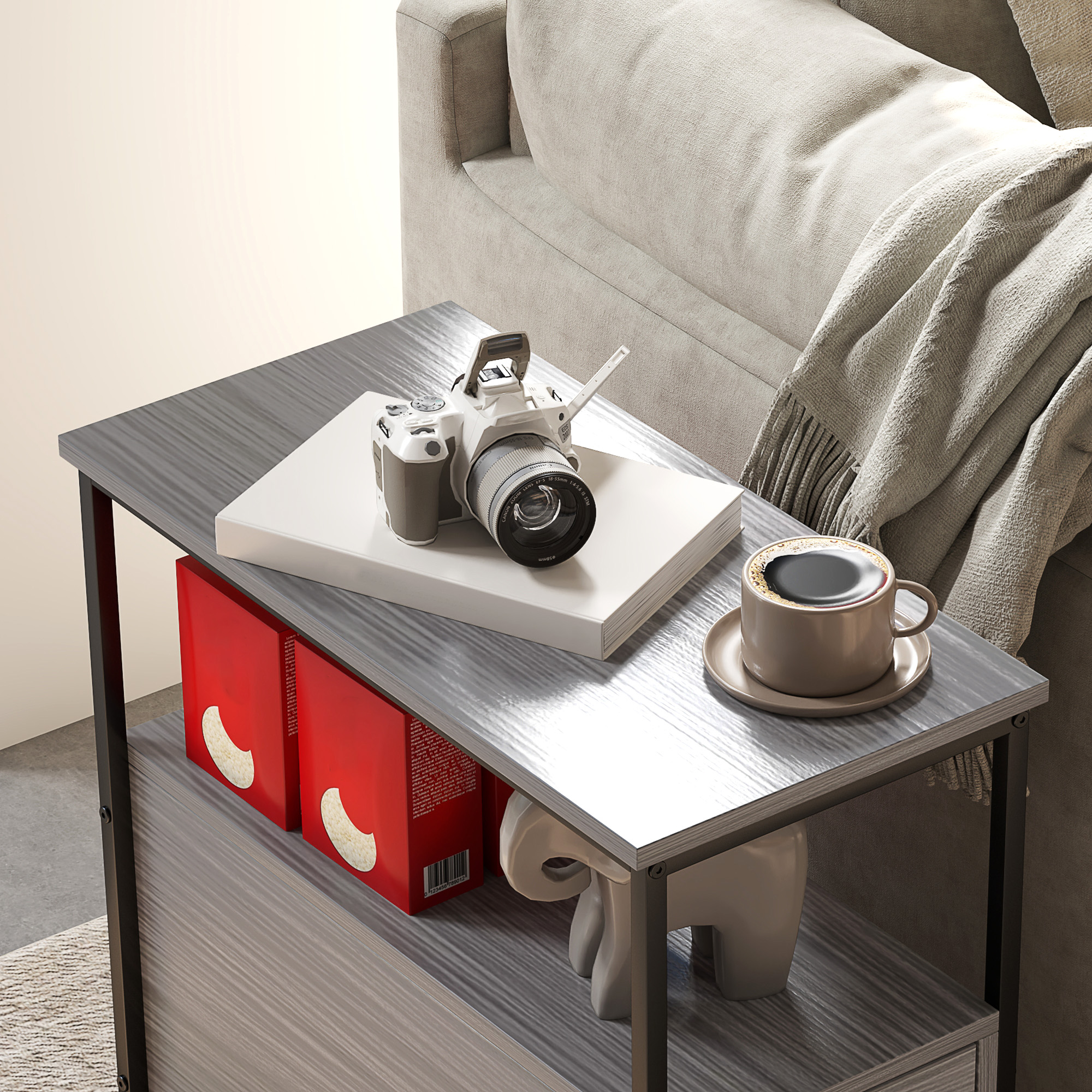 HOMCOM Side Table, Narrow Bedside Table with 2 Drawers and Storage Shelf, Industrial End Table with Metal Frame for Small Spaces, Grey Wood Grain 8