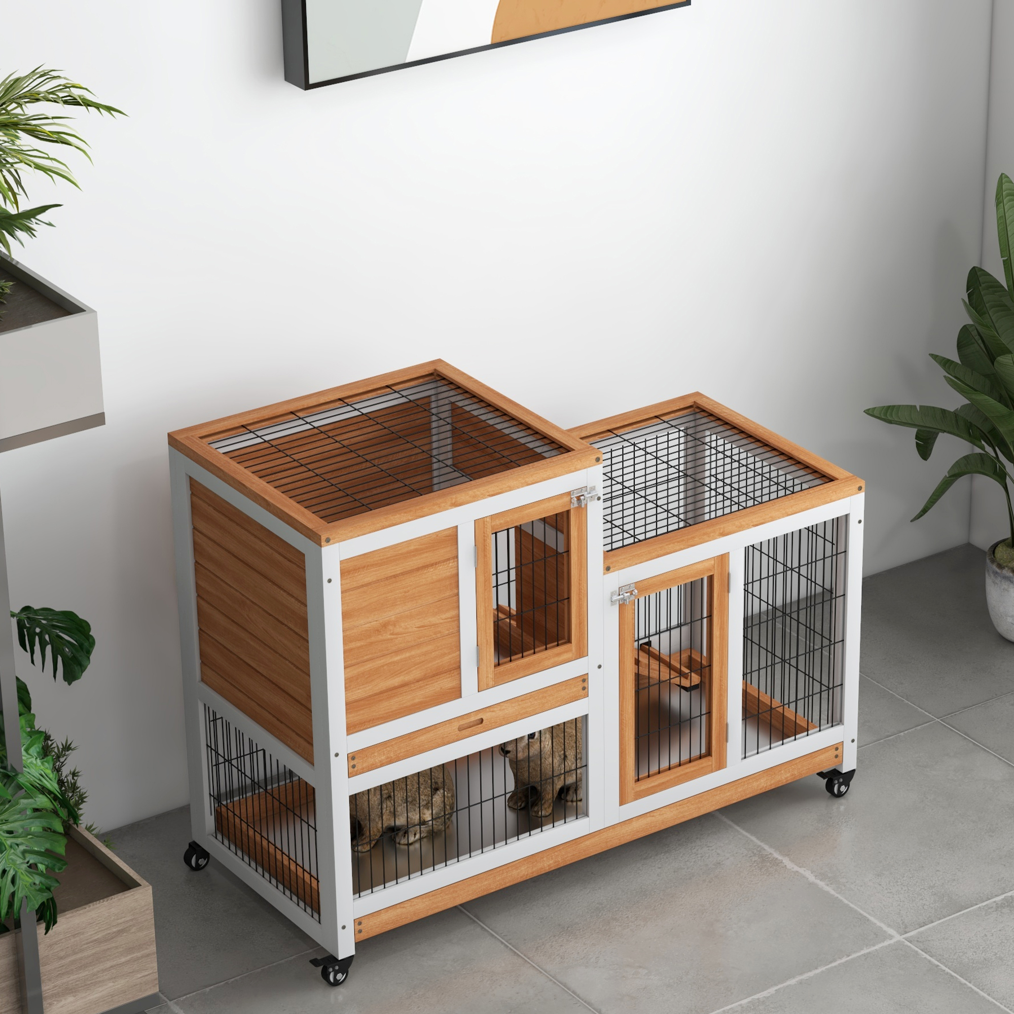 PawHut Wooden Indoor Hutch Elevated Cage w/ Wheel, Run, Yellow 8