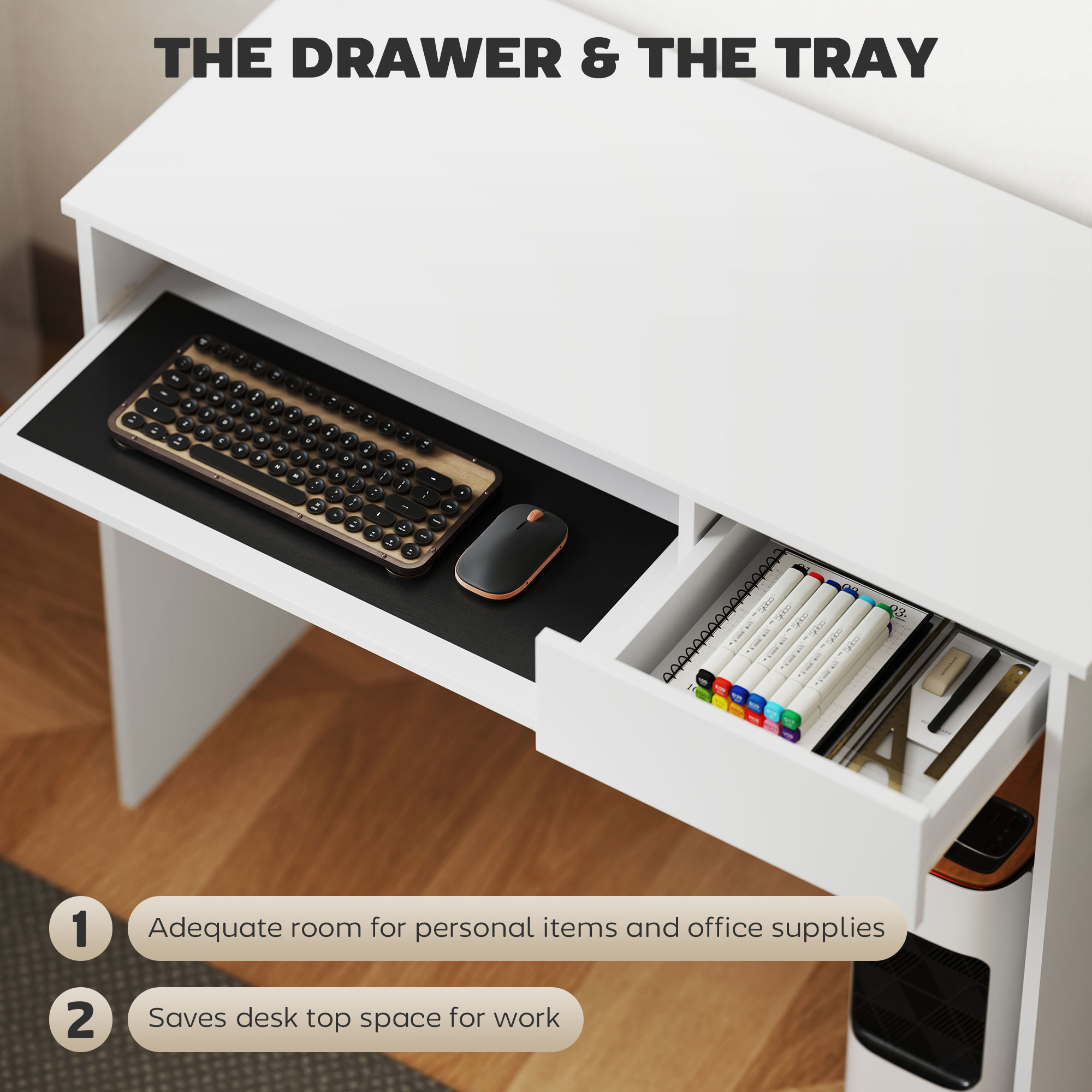 HOMCOM 100cm Compact Computer Desk with Keyboard Tray, Home Office Desk with Drawer for Bedroom Study, White 4