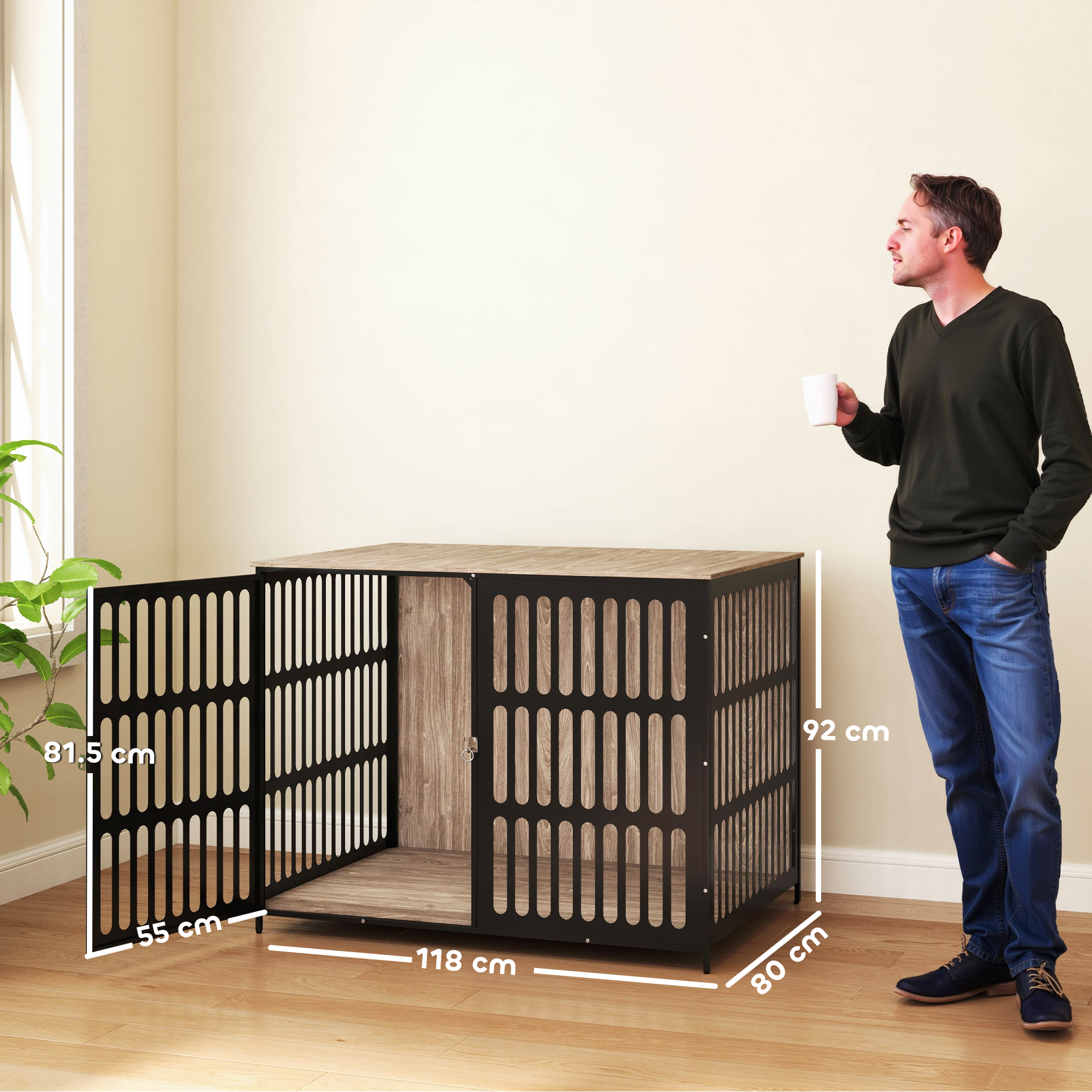 PawHut Dog Crate Furniture with Anti-Chew Resistant Mesh, Anti-Escape Single Door, for Extra Large Dogs, 118 x 80 x 92 cm 3