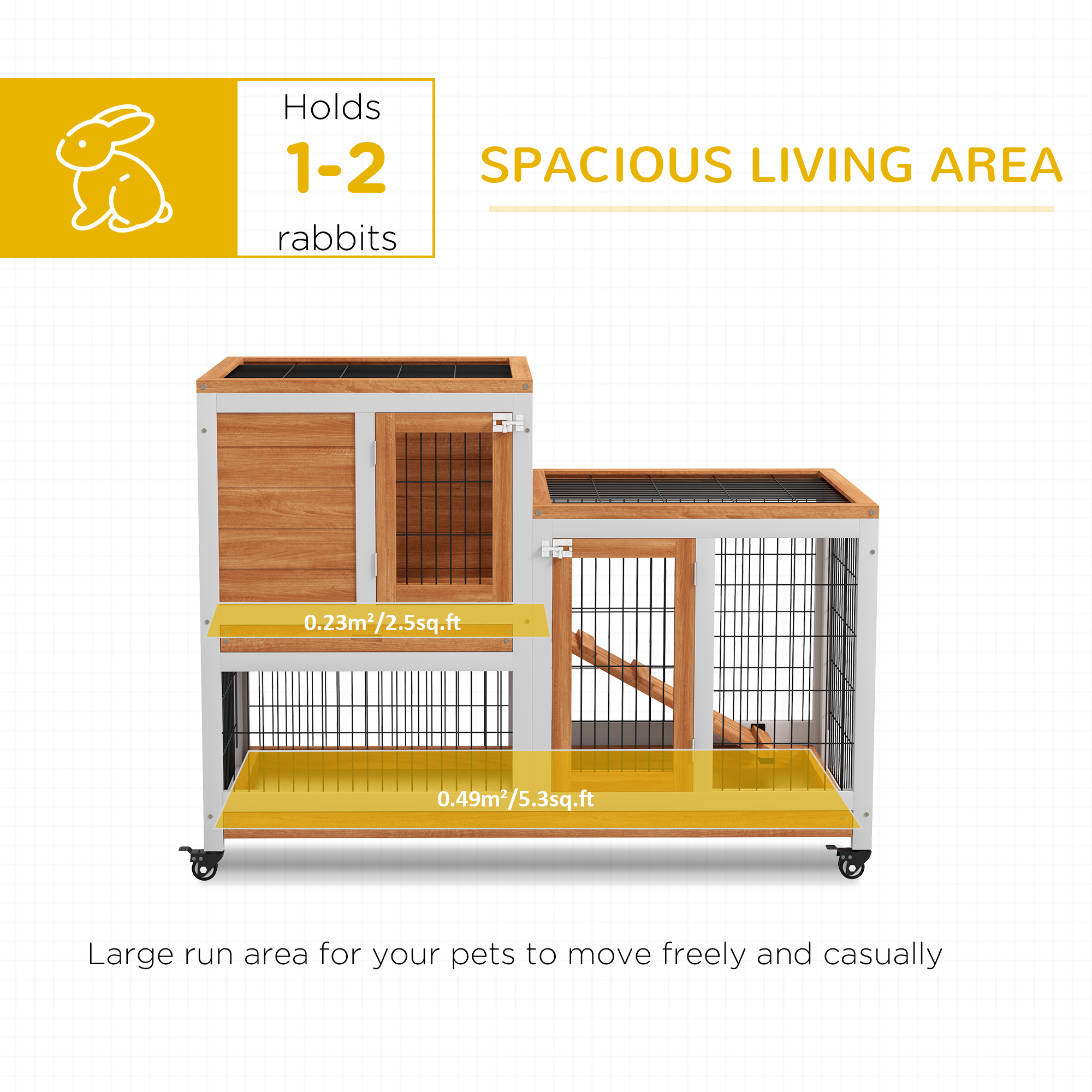 PawHut Wooden Indoor Hutch Elevated Cage w/ Wheel, Run, Yellow 4
