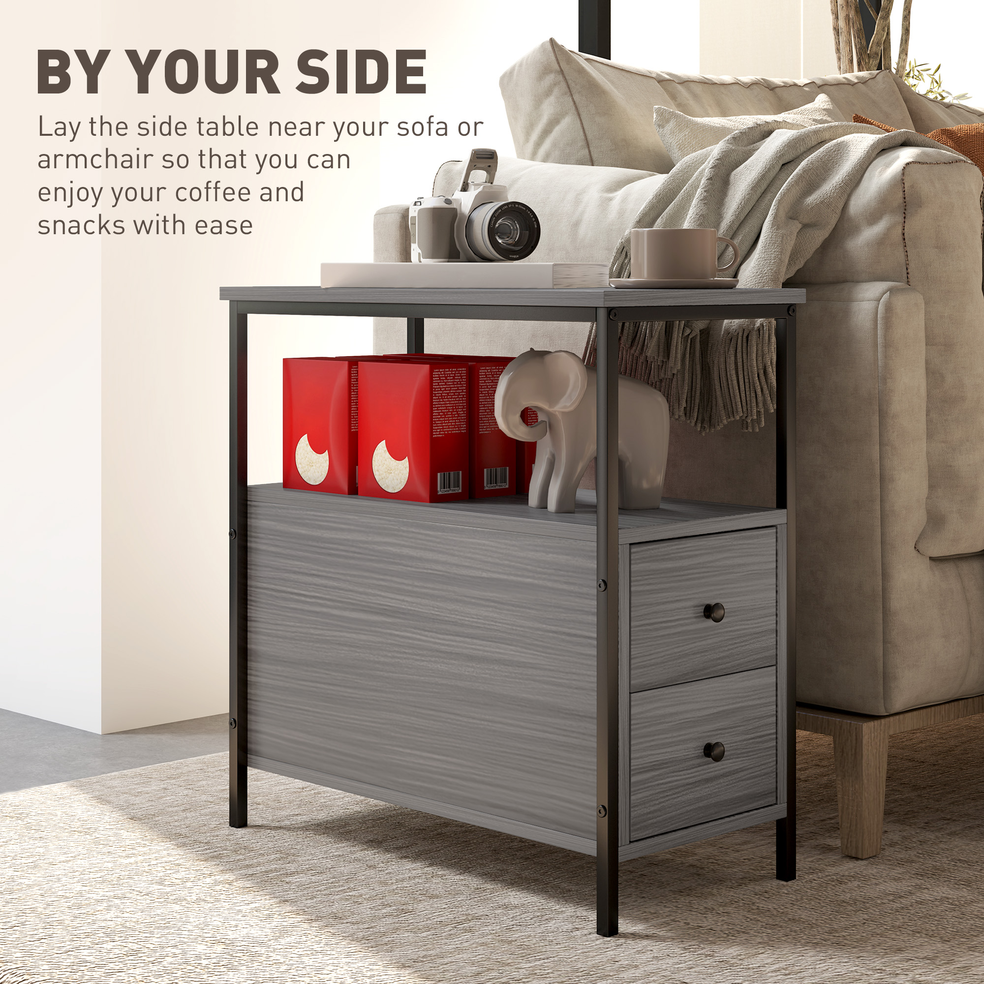 HOMCOM Side Table, Narrow Bedside Table with 2 Drawers and Storage Shelf, Industrial End Table with Metal Frame for Small Spaces, Grey Wood Grain 4