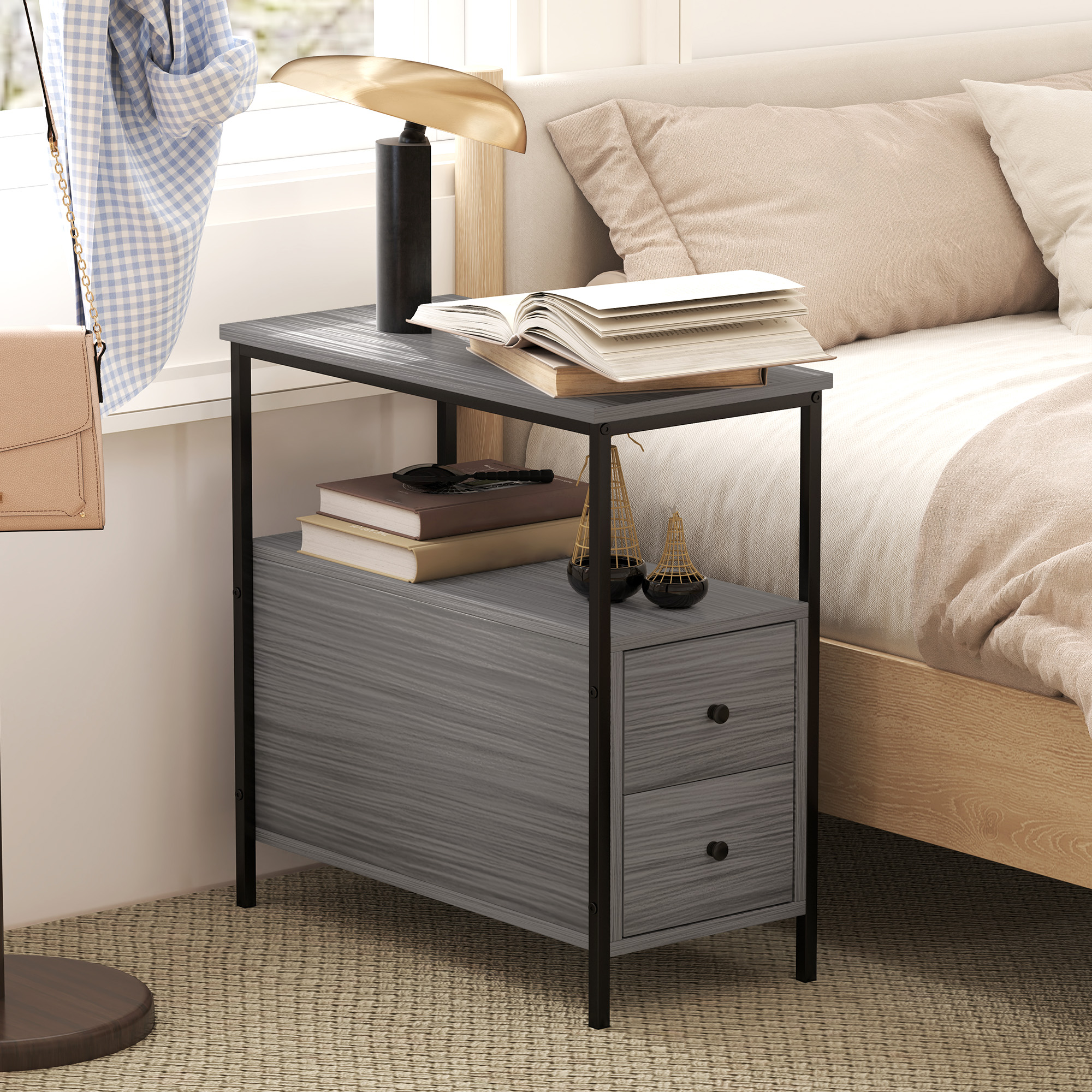 HOMCOM Side Table, Narrow Bedside Table with 2 Drawers and Storage Shelf, Industrial End Table with Metal Frame for Small Spaces, Grey Wood Grain 7